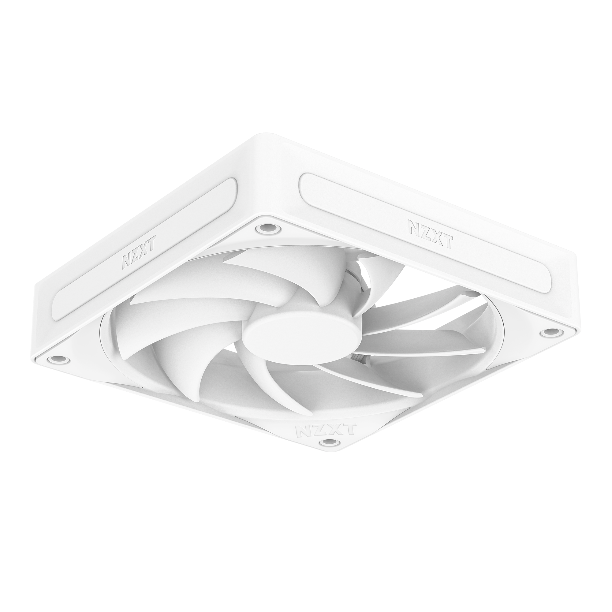 The NZXT F120Q is a white, square computer case fan with curved blades and Fluid Dynamic Bearings for quiet airflow. It sits in a sleek, minimalist frame, viewed from a low angle against a black background.