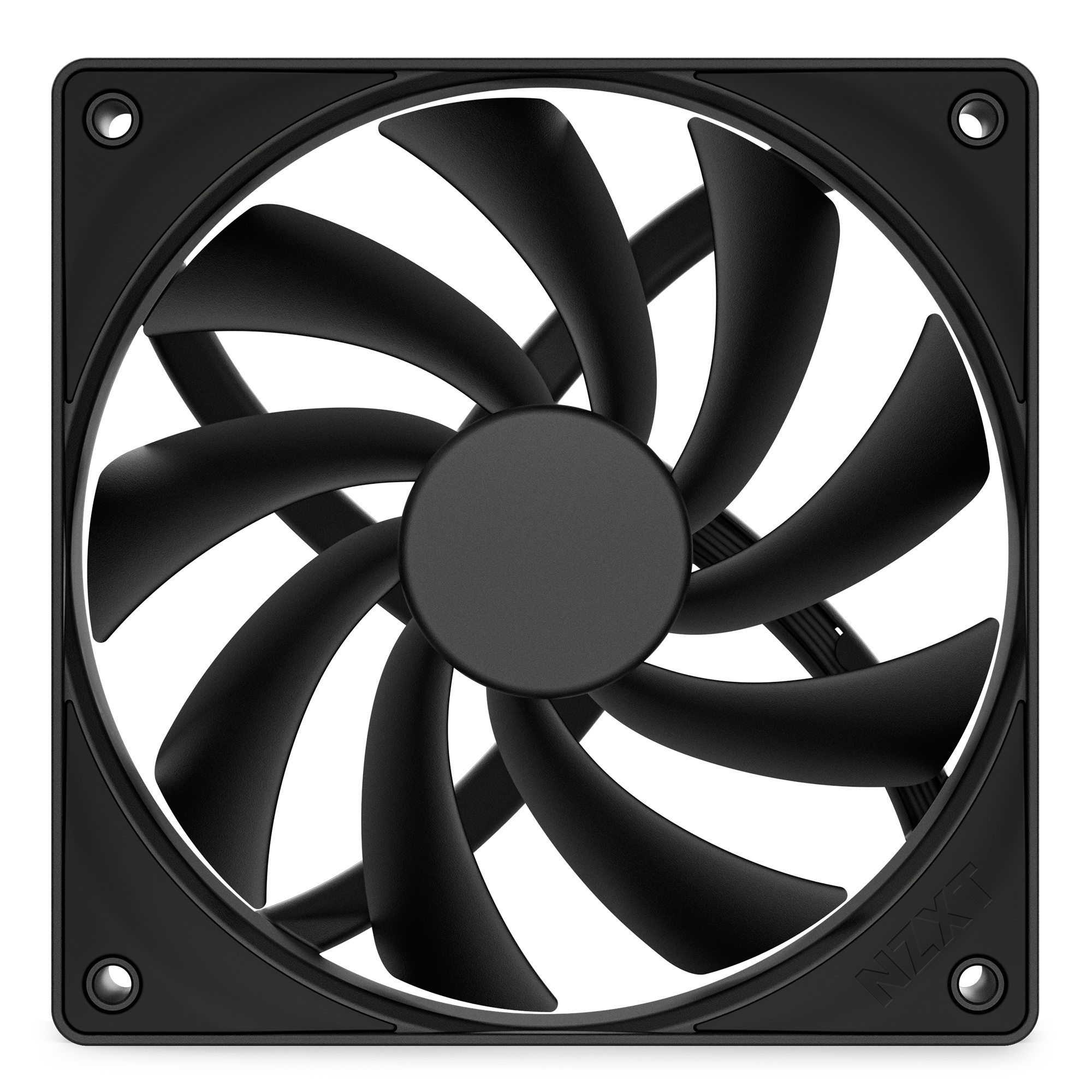The NZXT F120Q is a black square cooling fan with nine curved blades, a circular center hub, and corner mounting holes. NZXT is embossed in one corner. Fluid Dynamic Bearings provide smooth, quiet airflow.
