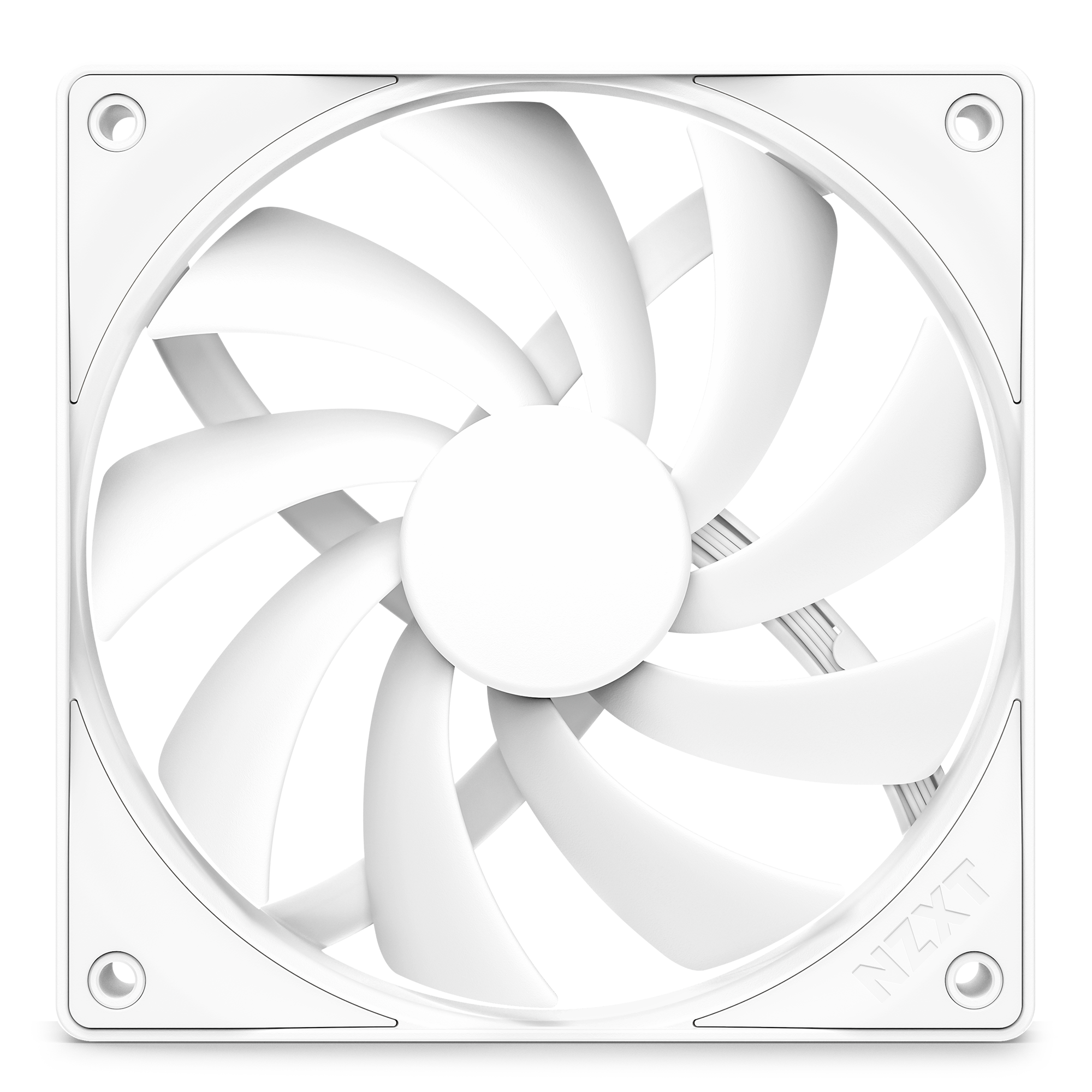 The NZXT F120Q is a white square cooling fan with nine curved blades and rounded corners, seen from the front. It offers quiet airflow for efficient cooling and features the NZXT logo embossed in one corner.
