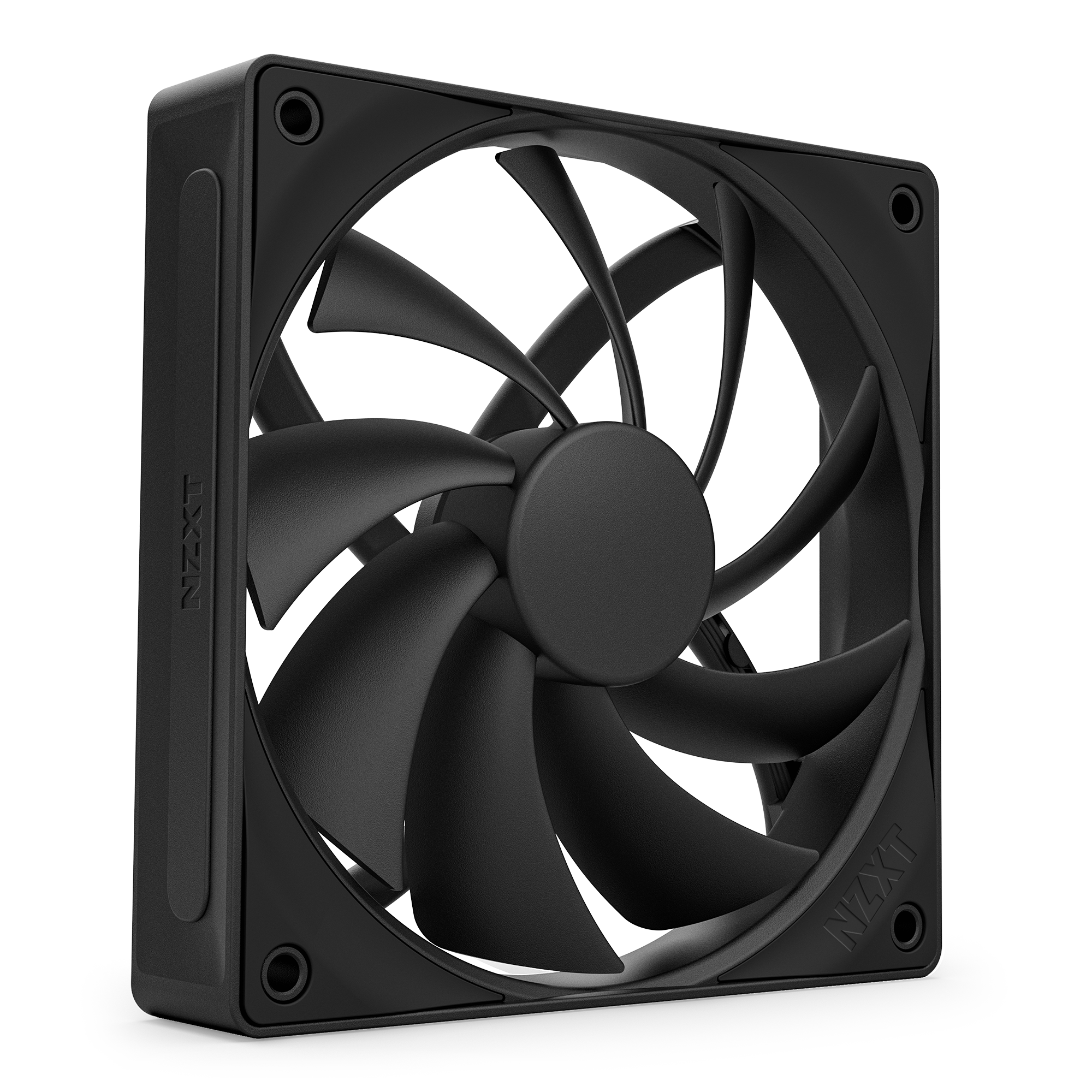 The NZXT F120Q is a black computer cooling fan with multiple curved blades and fluid dynamic bearings for durability, shown at an angle to display the front and side of its square frame.