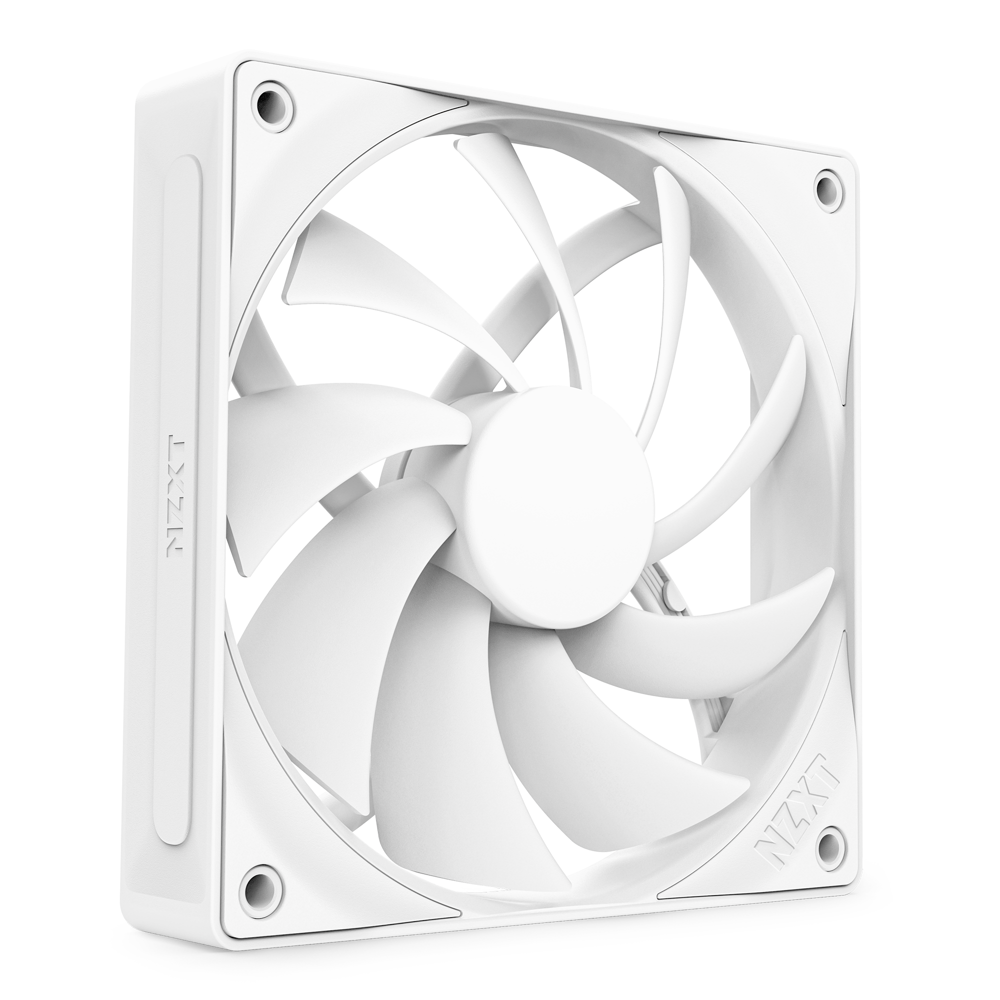 The NZXT F120Q is a white computer cooling fan with seven blades, a square frame, and fluid dynamic bearings for enhanced durability, displayed against a black background.