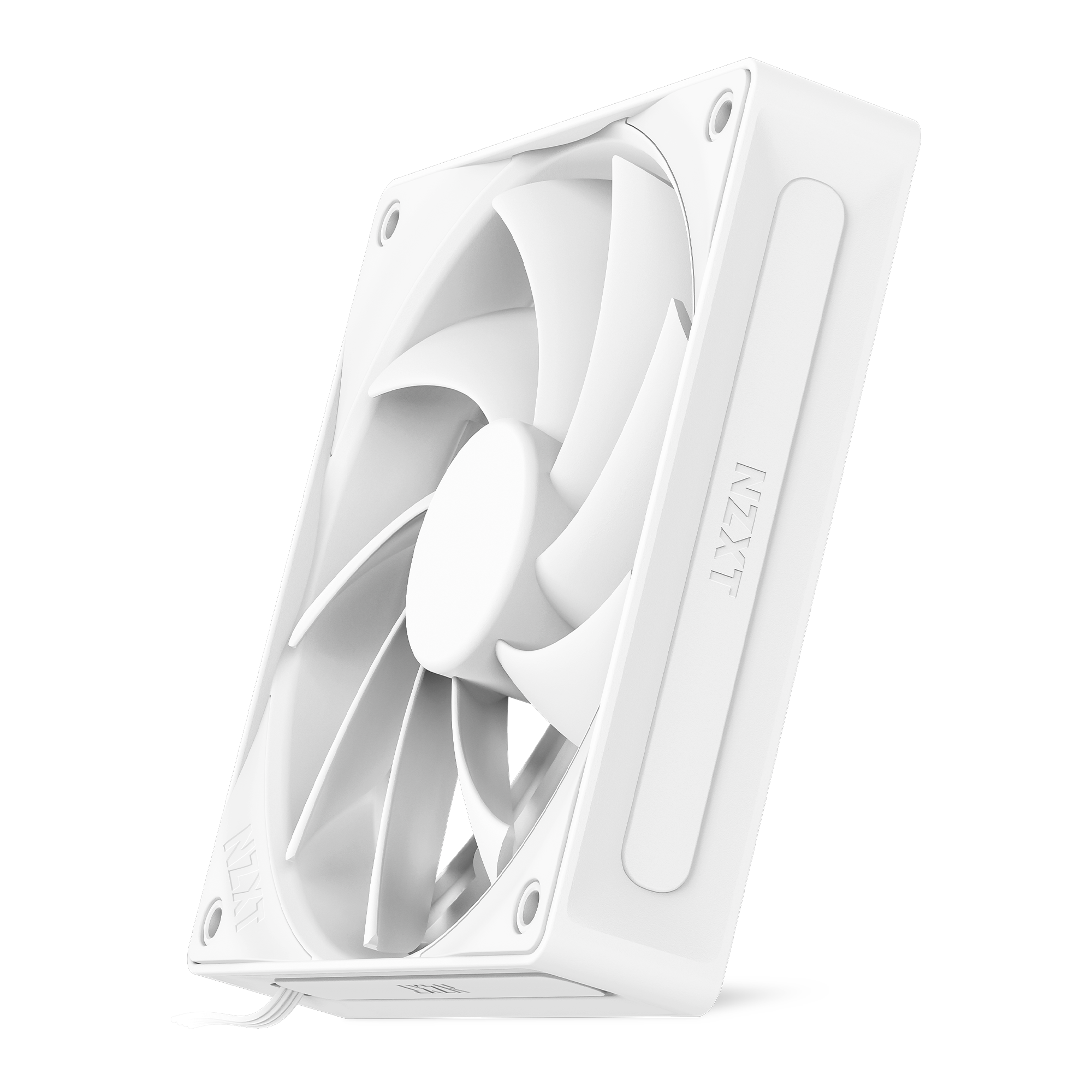 The NZXT F120Q is a white computer cooling fan with seven blades, displayed at an angle on a black background. It features Fluid Dynamic Bearings, a modern design, and has a power cable visible from the bottom corner.