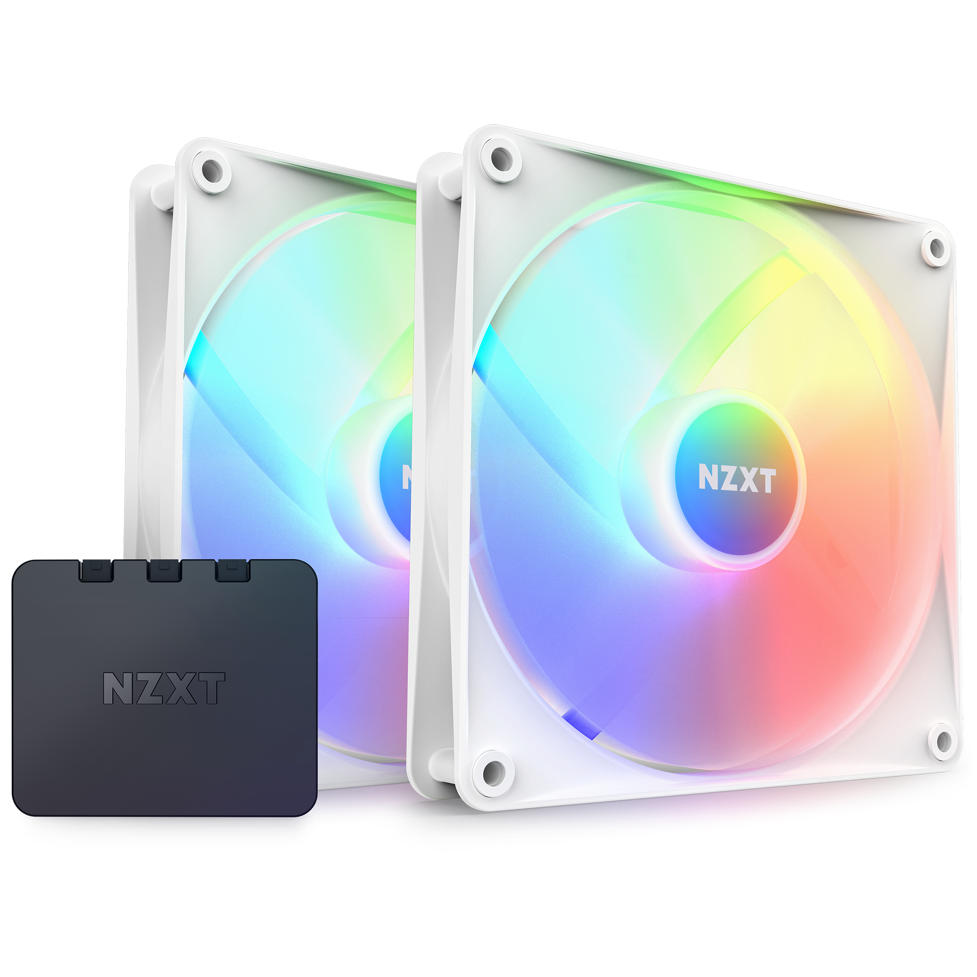 The NZXT F140 RGB Core Twin Pack features two white-frame, high static pressure fans and a black controller, all compatible with NZXT CAM software for customizable lighting.