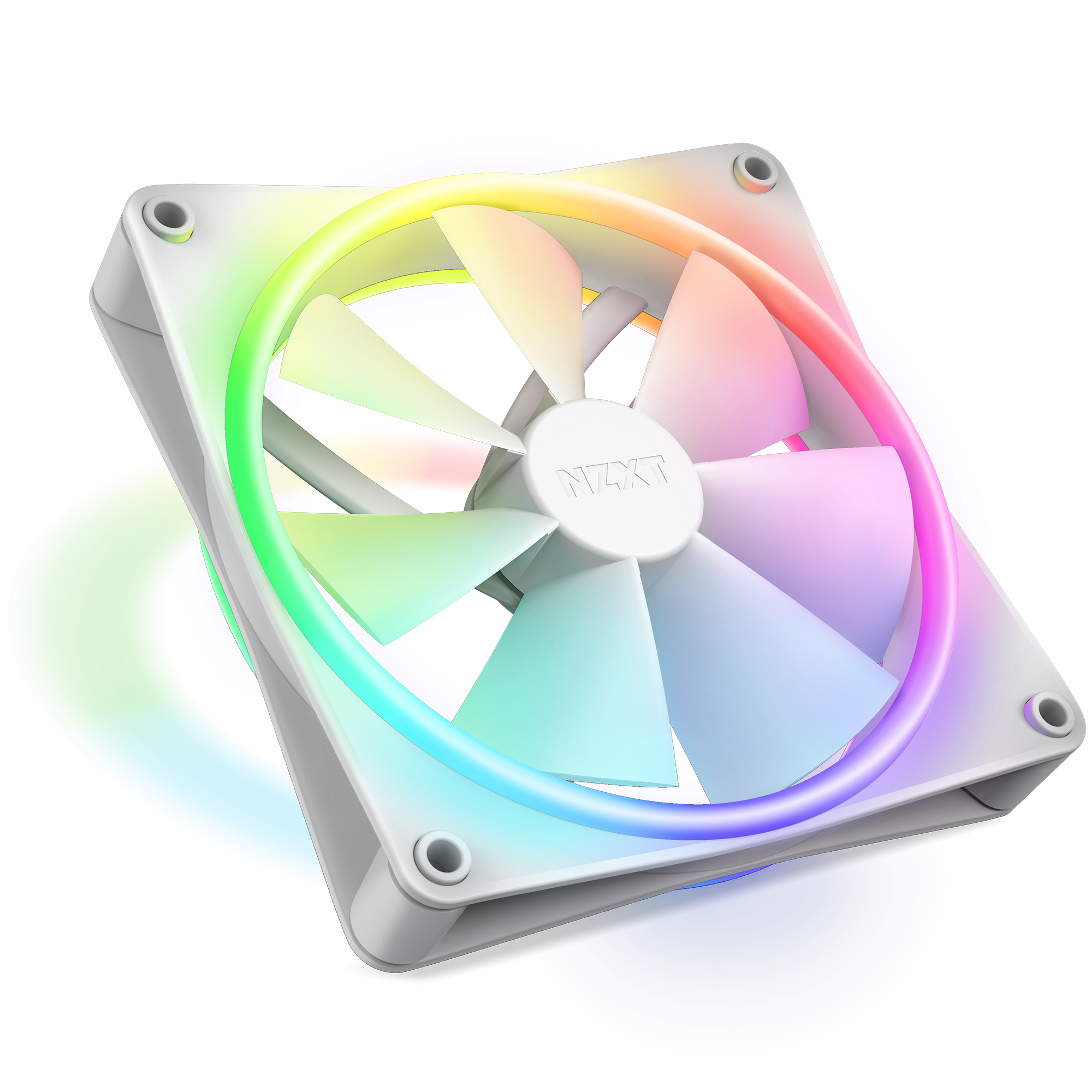 The NZXT F140 RGB Duo is a white computer cooling fan with RGB lighting on the frame and blades, creating a vibrant circular glow. It offers high static pressure for efficient cooling and uses Fluid Dynamic Bearing for quiet operation.