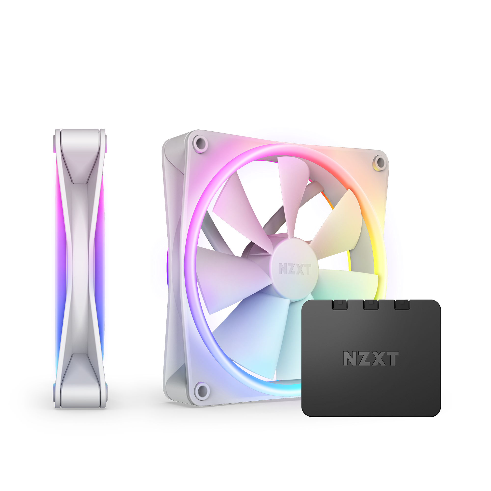 The NZXT F140 RGB Duo Twin Pack features white RGB Duo Fans with high static pressure and vivid RGB lighting, displayed from the front and side, next to a sleek black rectangular NZXT controller box.