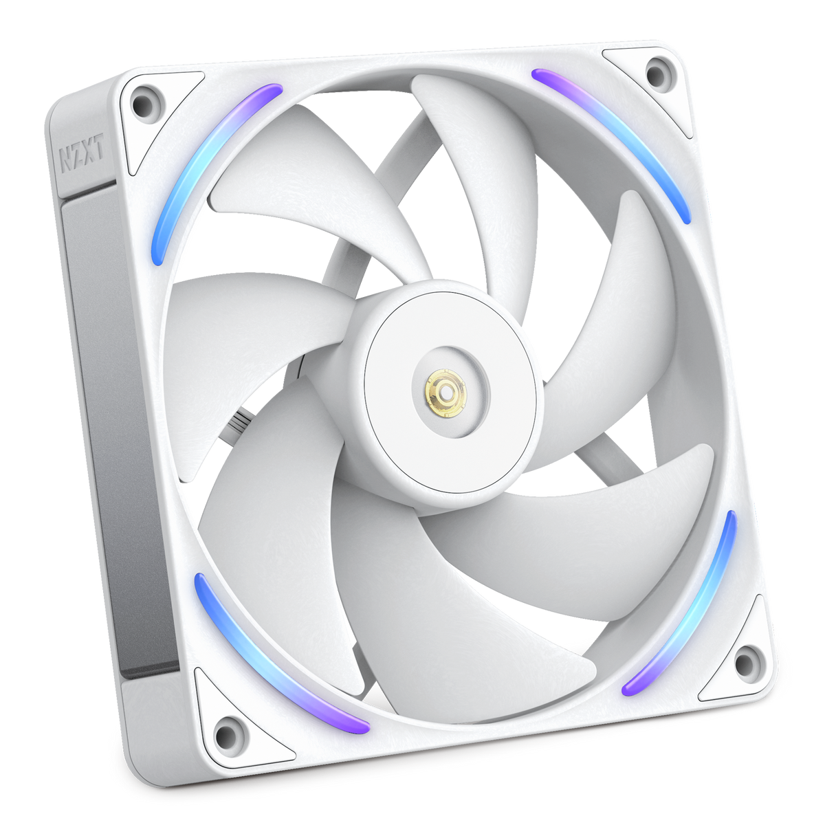 NZXT F140X white, angled view with RGB lighting