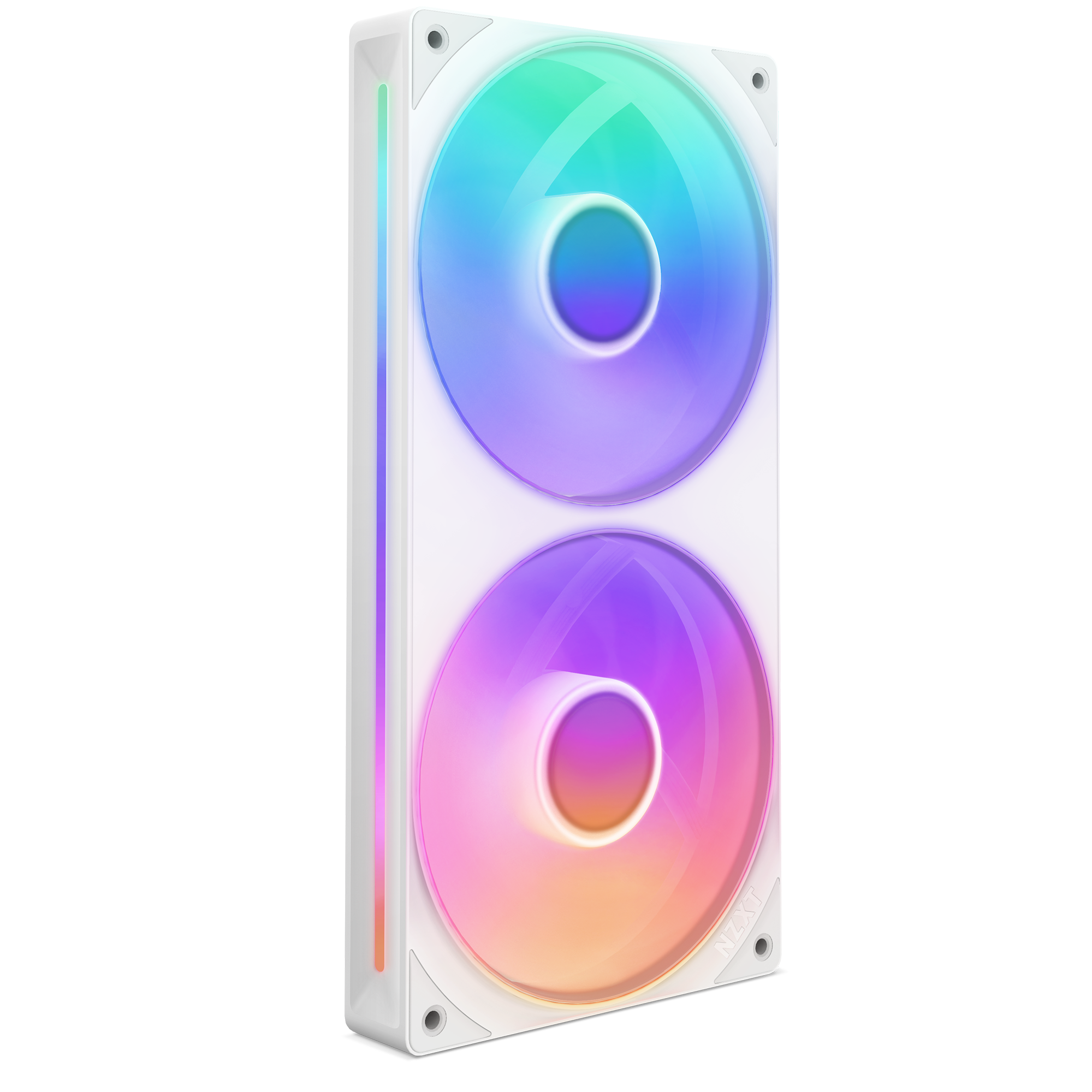 The NZXT F240 RGB Core is a white rectangular case fan with two vertically stacked circular RGB fans and a side vertical RGB light strip, offering advanced cooling and vibrant rainbow lighting for striking aesthetics.