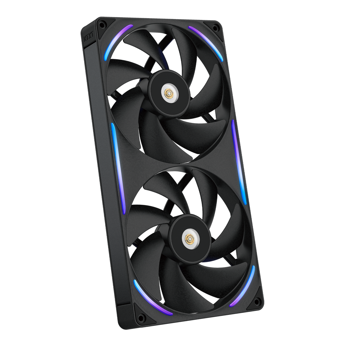 NZXT F280X black two-pack, angled view with RGB lighting