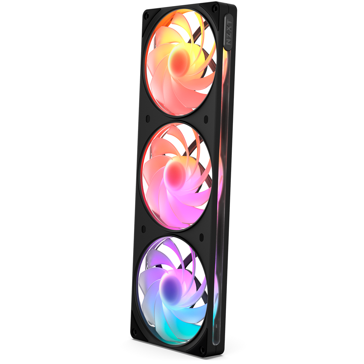 NZXT F360 RGB Reverse black three-pack, front view with RGB lighting