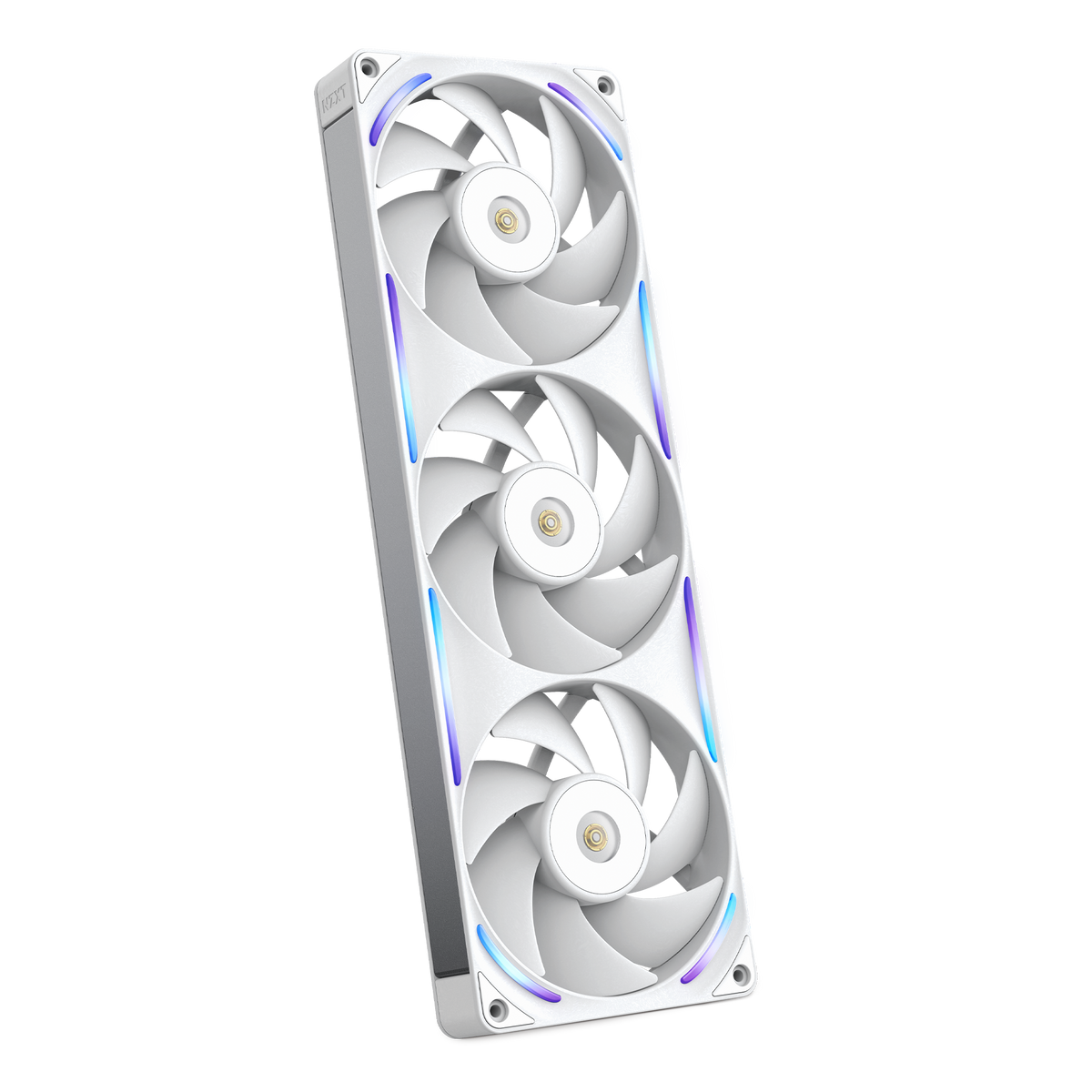 NZXT F360X white three-pack, angled view with RGB lighting