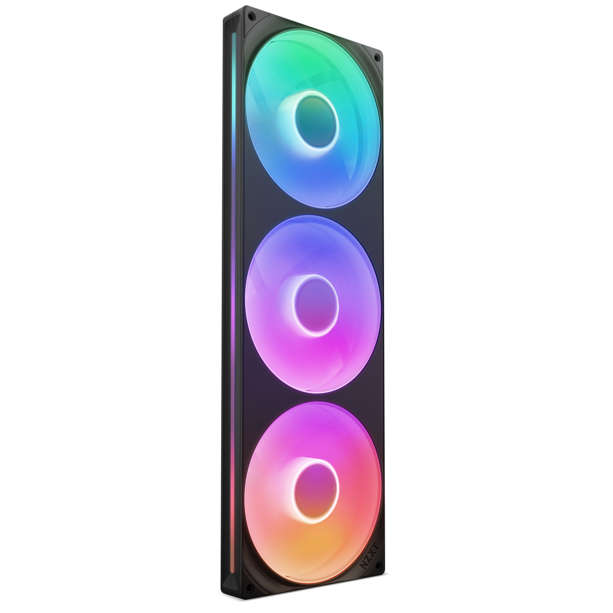 NZXT F420 RGB Core fan in black, RGB lighting on, angled view