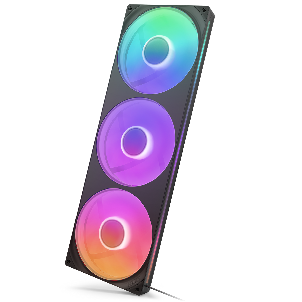 NZXT F420 RGB Core fan in black, tilted three-quarter view