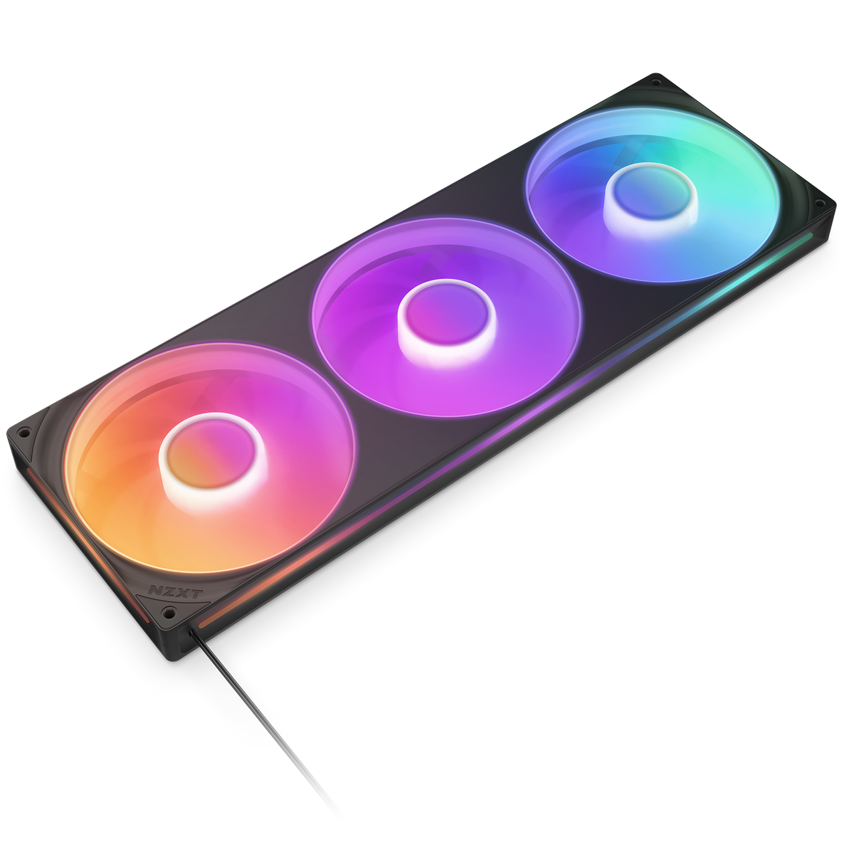 NZXT F420 RGB Core fan in black, laid flat with cable