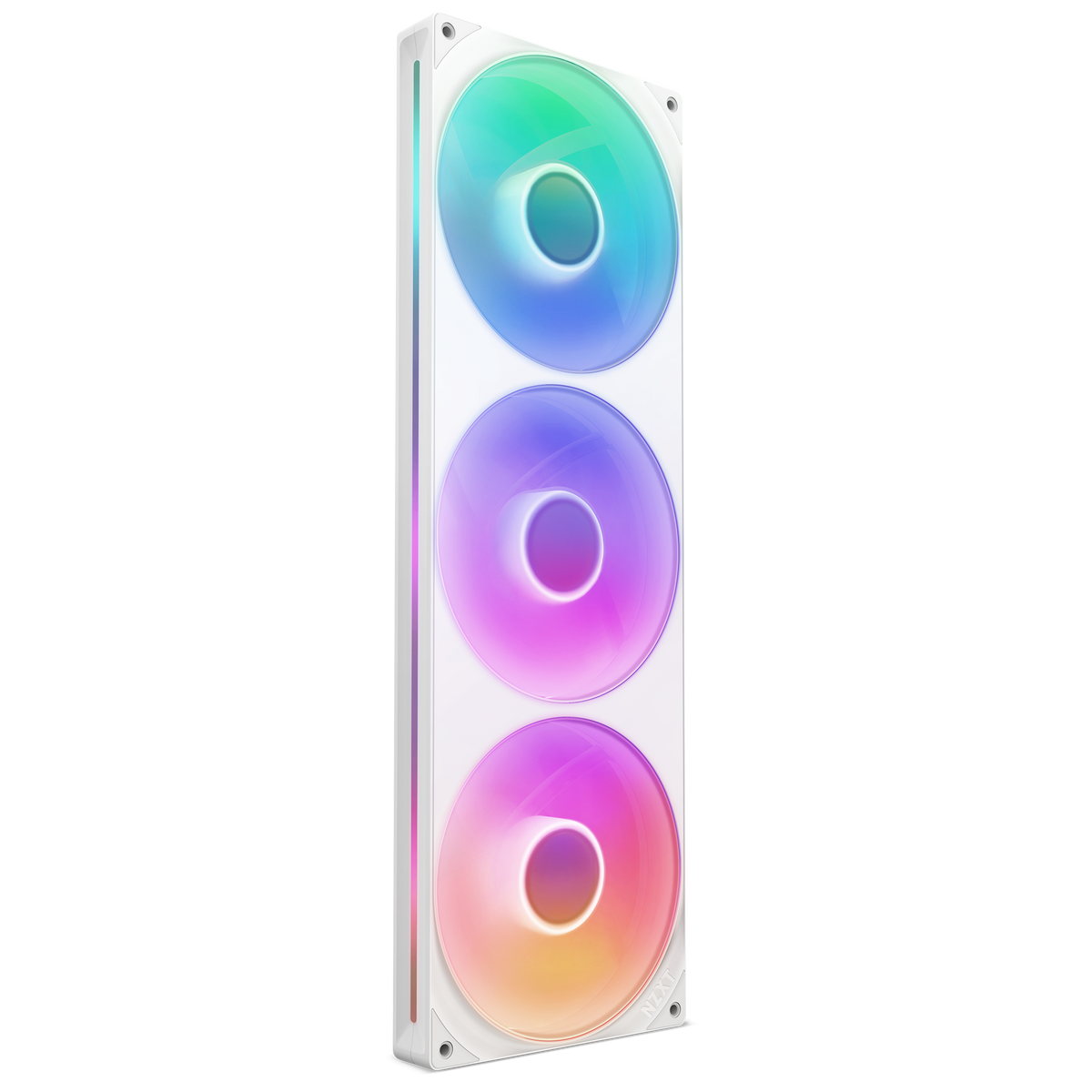 NZXT F420 RGB Core fan in white, RGB lighting on, angled view