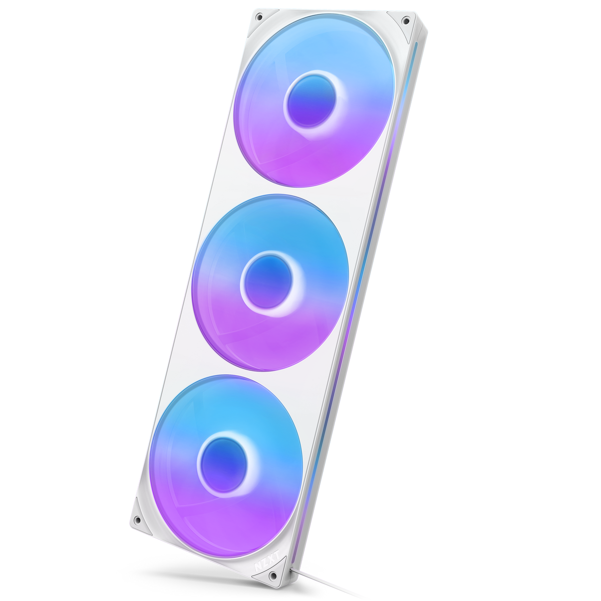 NZXT F420 RGB Core fan in white, blade side tilted view