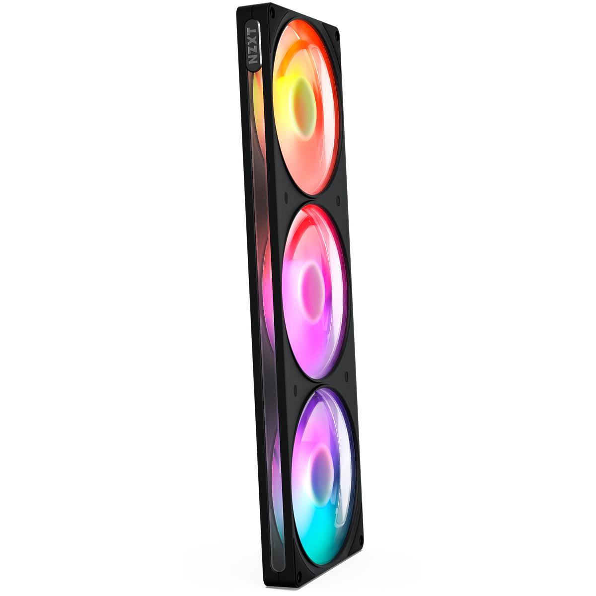 NZXT F420 RGB black three-pack, front view with RGB lighting