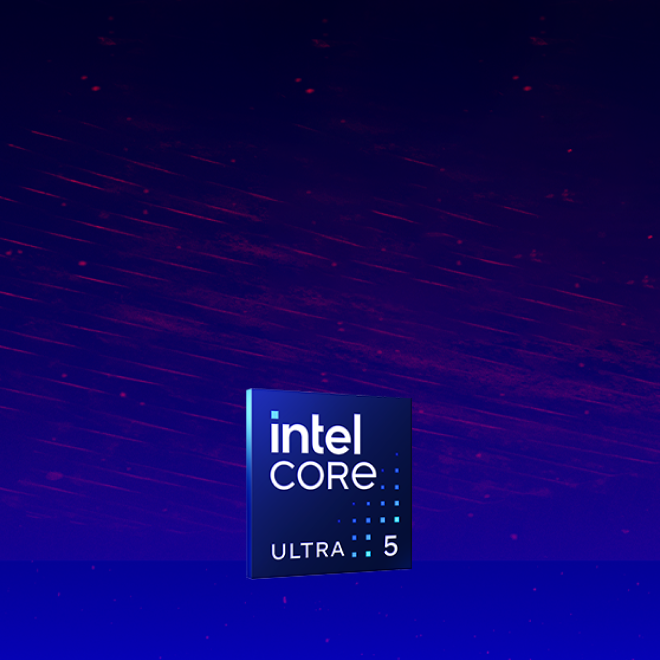 A rectangular Intel Core Ultra 5 logo is centered against a dark blue and purple background with diagonal red streaks and small dots.