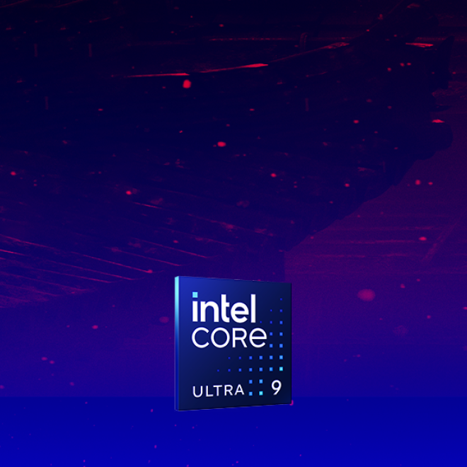 A digital image features an Intel Core Ultra 9 processor badge centered against a dark, abstract background with blue and purple tones and subtle red highlights.