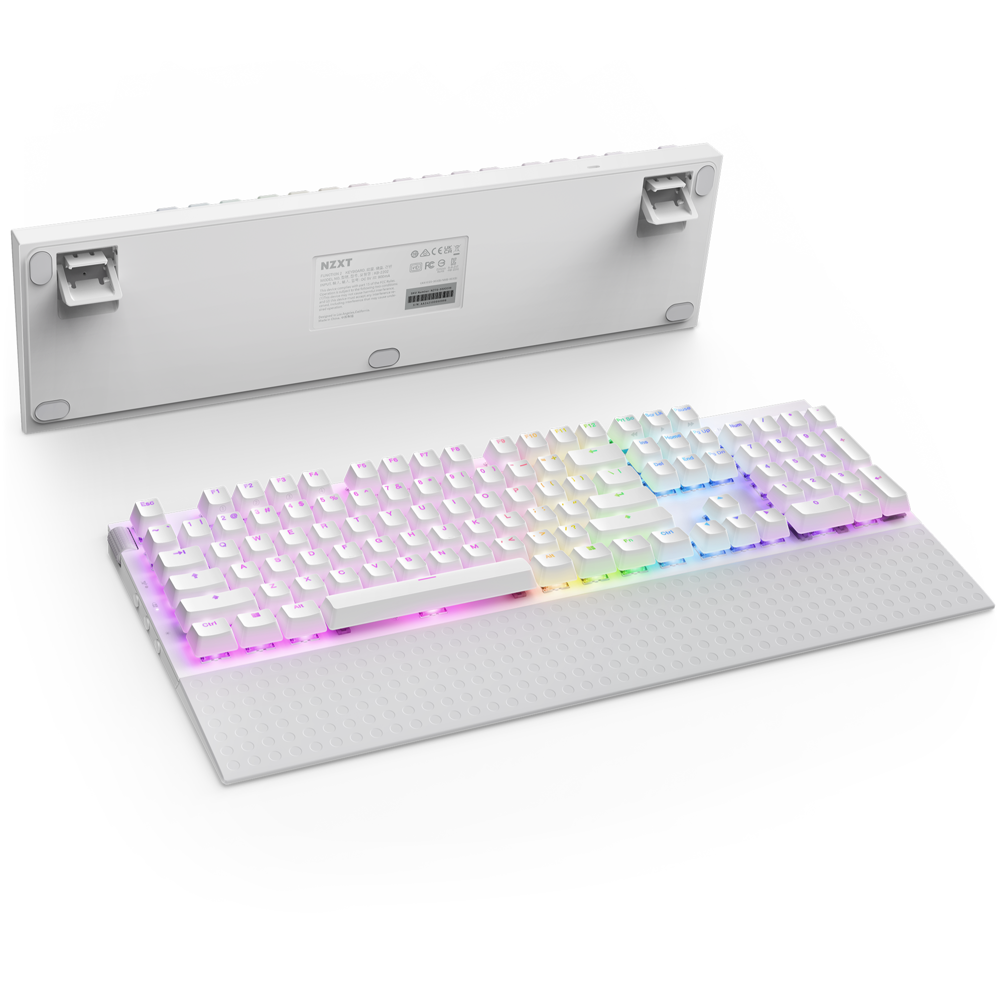 An NZXT Function 2 keyboard with RGB backlighting rests on a matching wrist rest. Shown above: two adjustable feet, product details, and smooth Swift Optical Switches. Also pictured: Lift 2 Ergo+ mouse and MMP400 mat.