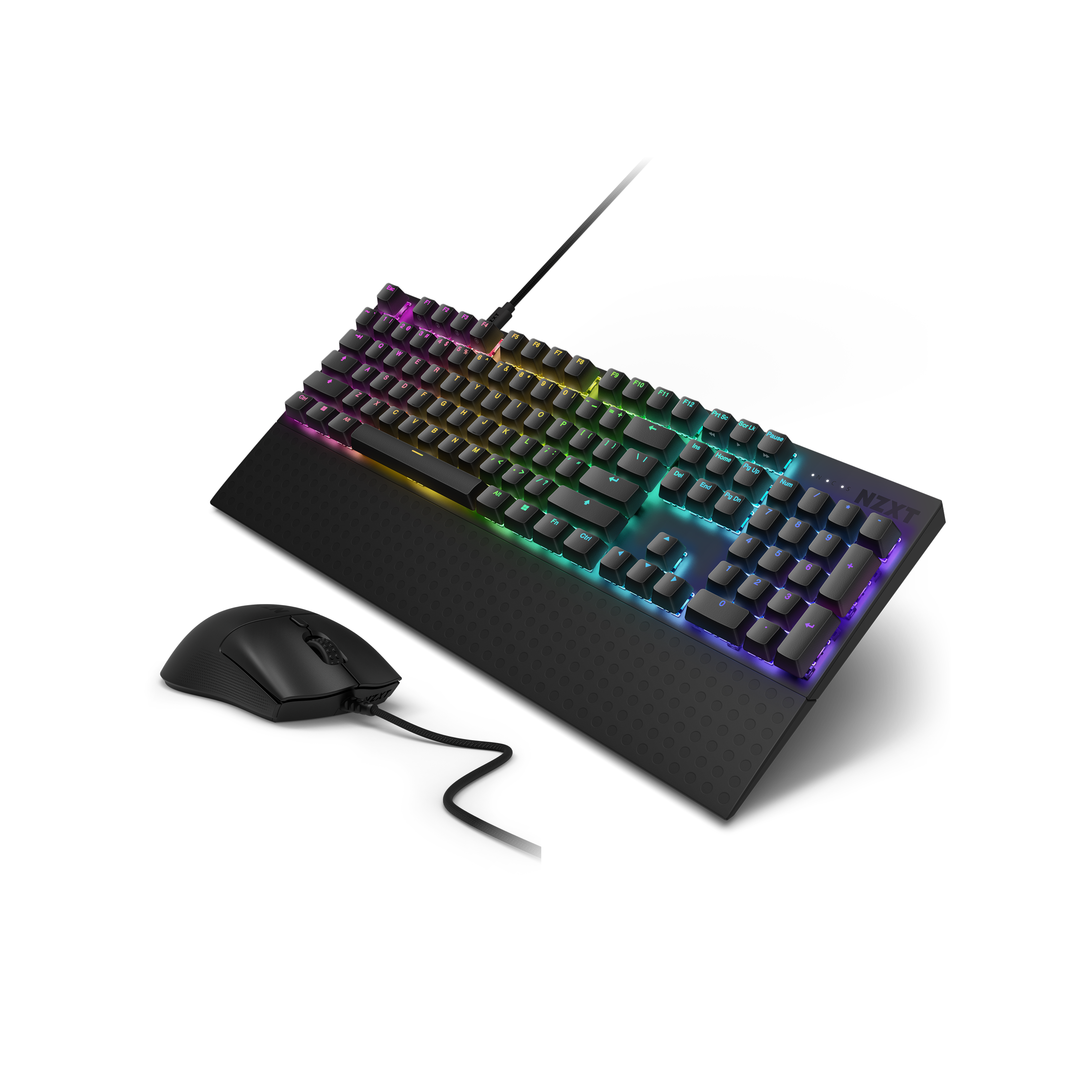 The NZXT Function 2 + Lift 2 Symm, both in black, feature RGB backlit keys with a rainbow pattern and optical switches, shown together on a black wrist rest against a plain backdrop.