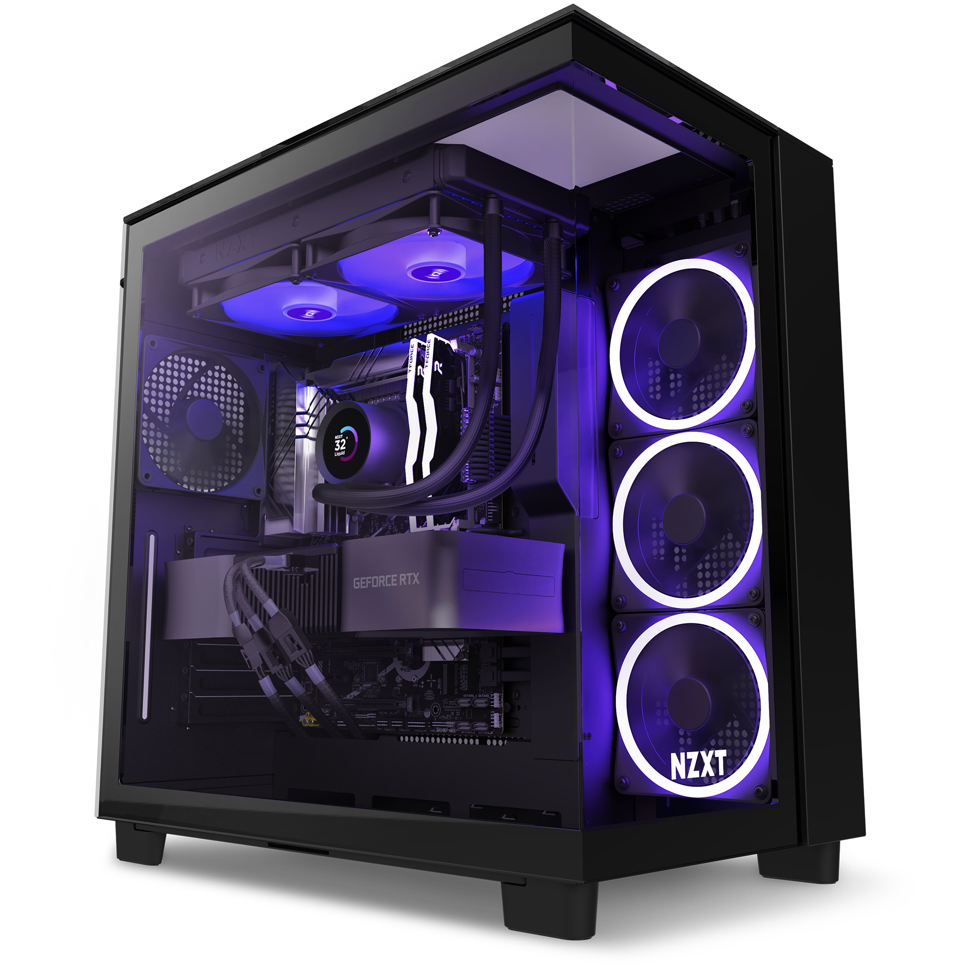 A black gaming PC case with a transparent side panel displays internal hardware, including a GeForce RTX graphics card, liquid cooling, and multiple RGB-lit fans glowing purple. The NZXT logo is visible on a front fan.