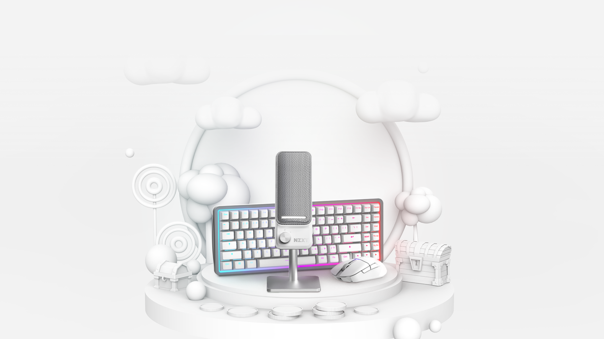 A central microphone is flanked by a colorful backlit keyboard, a white mouse, speakers, a treasure chest, game controller, and stylized clouds, all set on a white circular platform with soft pastel accents.