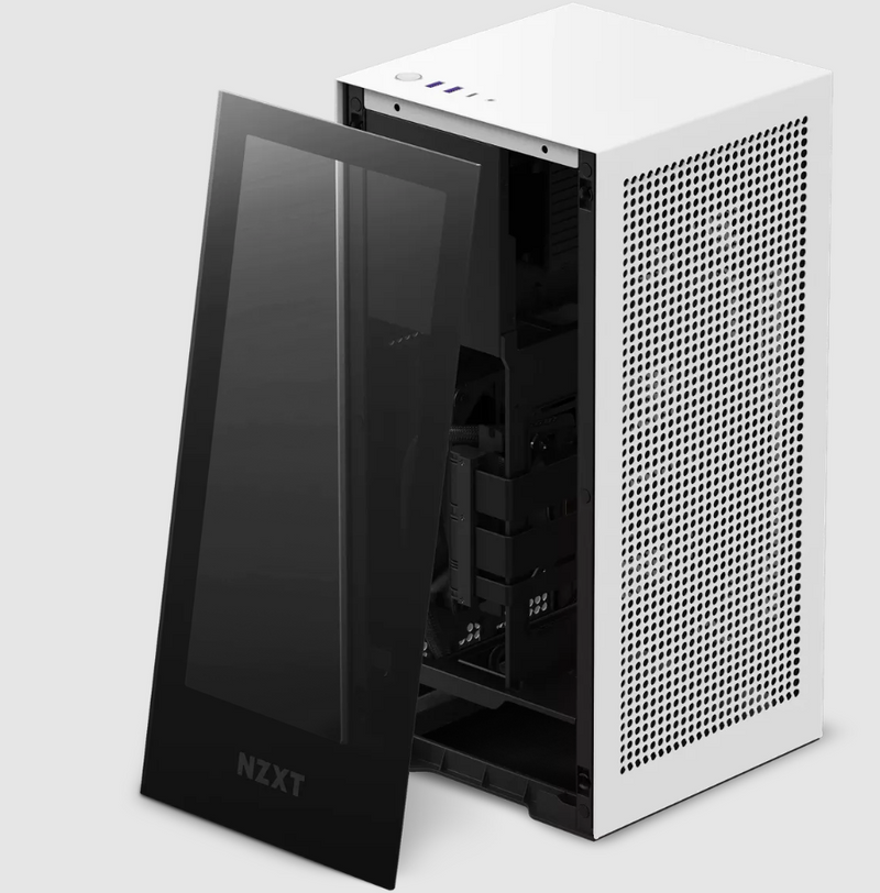 A white NZXT computer case features the NZXT H1 Refresh Front Panel (Tempered Glass) with a black tint, partially open to show internal components inside.