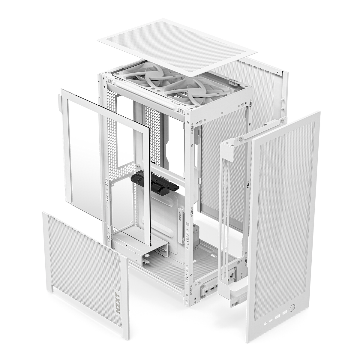NZXT H2 Flow case in white, exploded view of panels