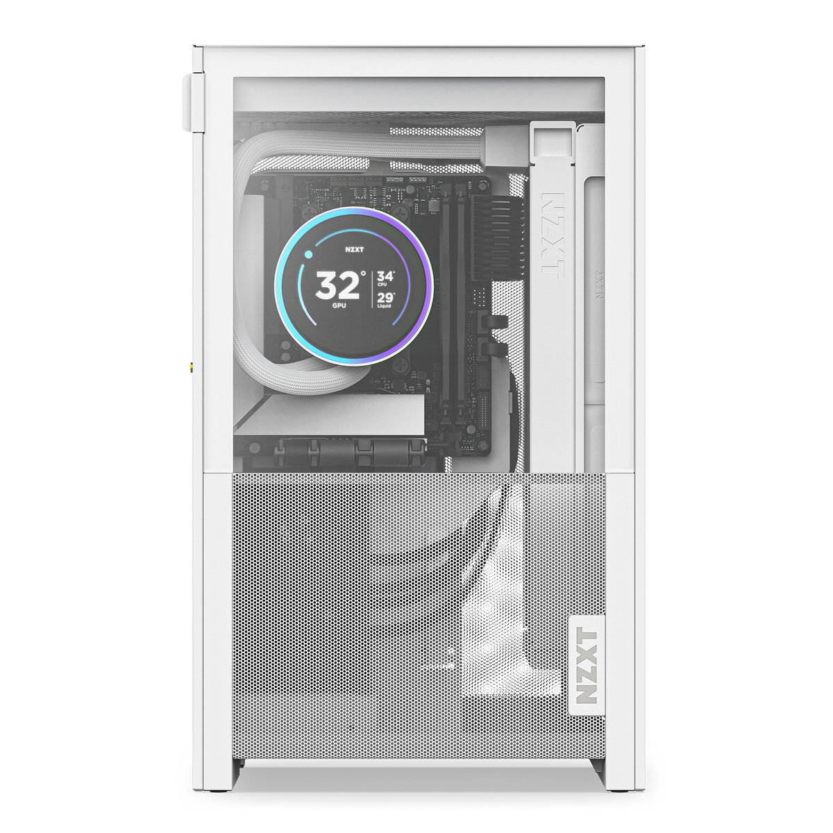 NZXT H2 Flow case in white with a completed PC build, side view