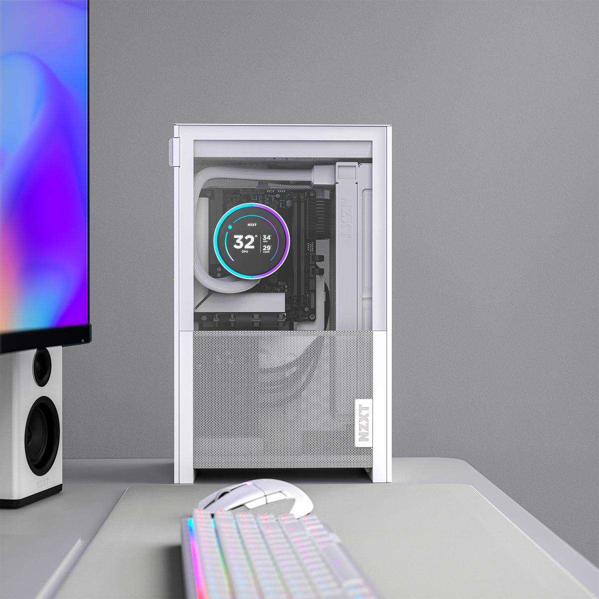 NZXT H2 Flow case in white on a desk setup, side view