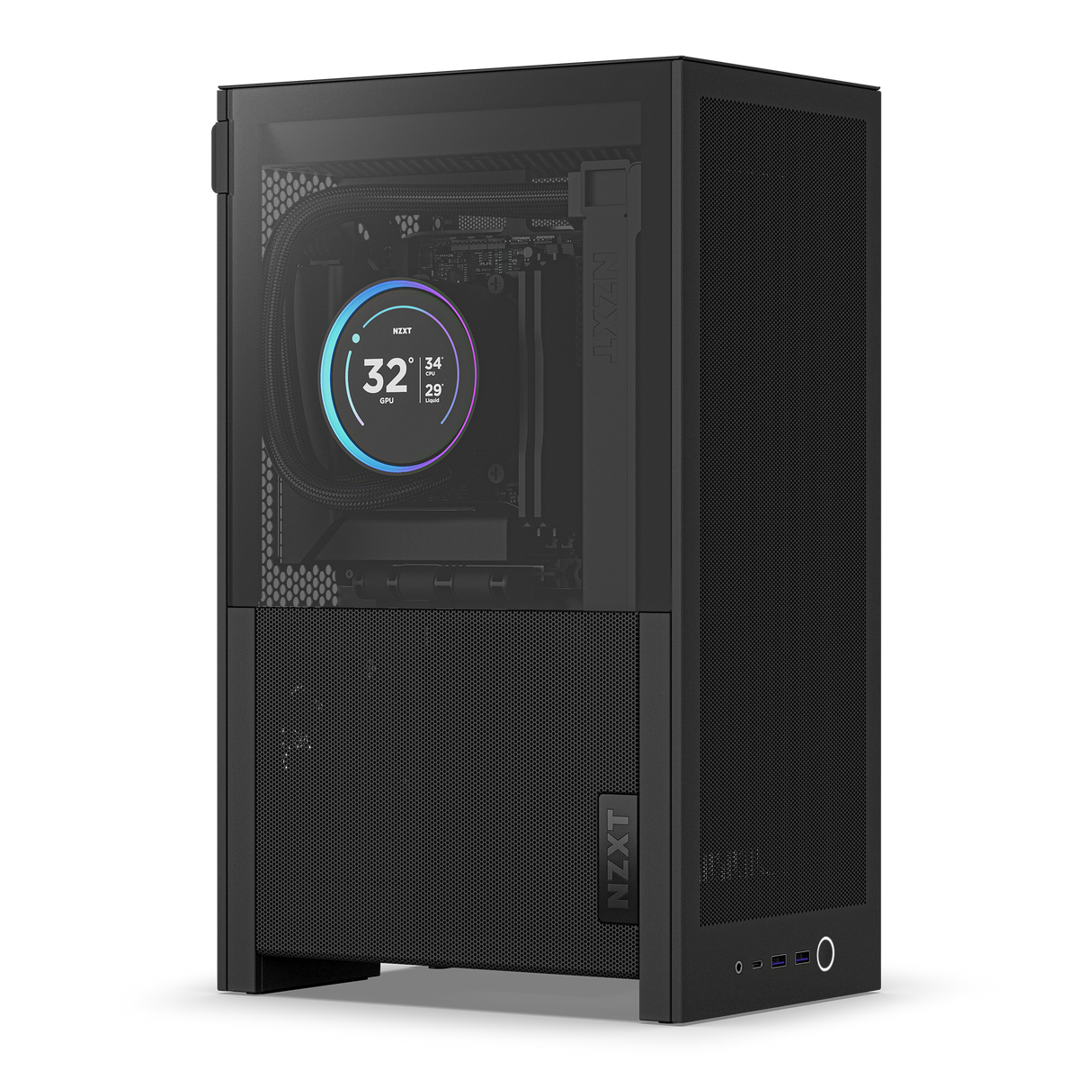 NZXT H2 Flow case in black with a completed PC build, angled view