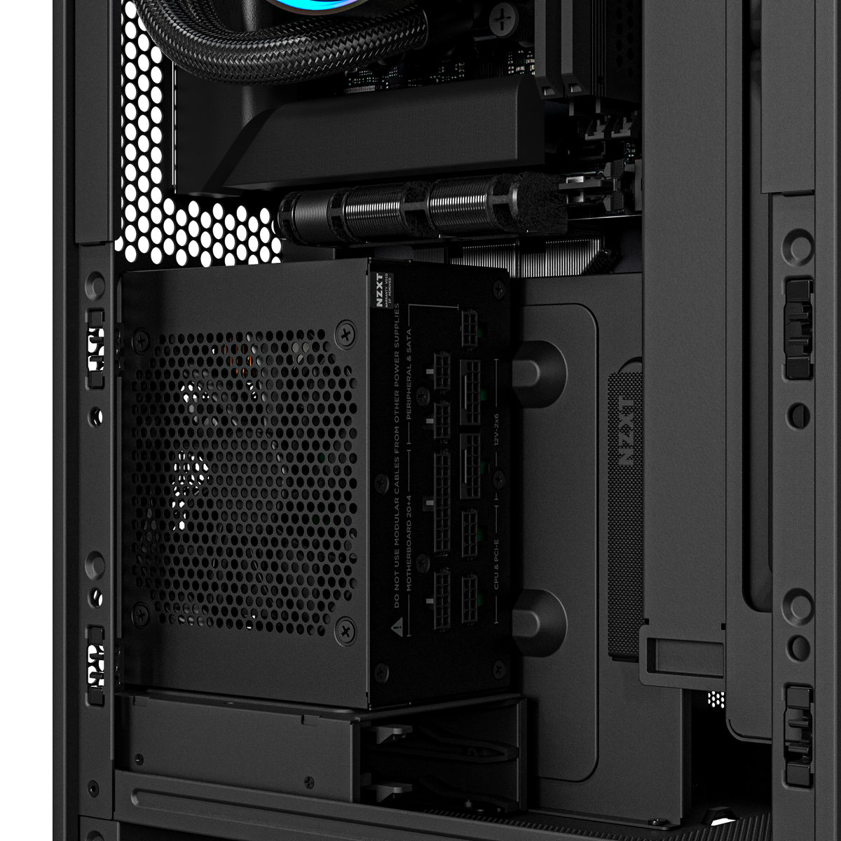 NZXT H2 Flow case in black, close-up of installed components