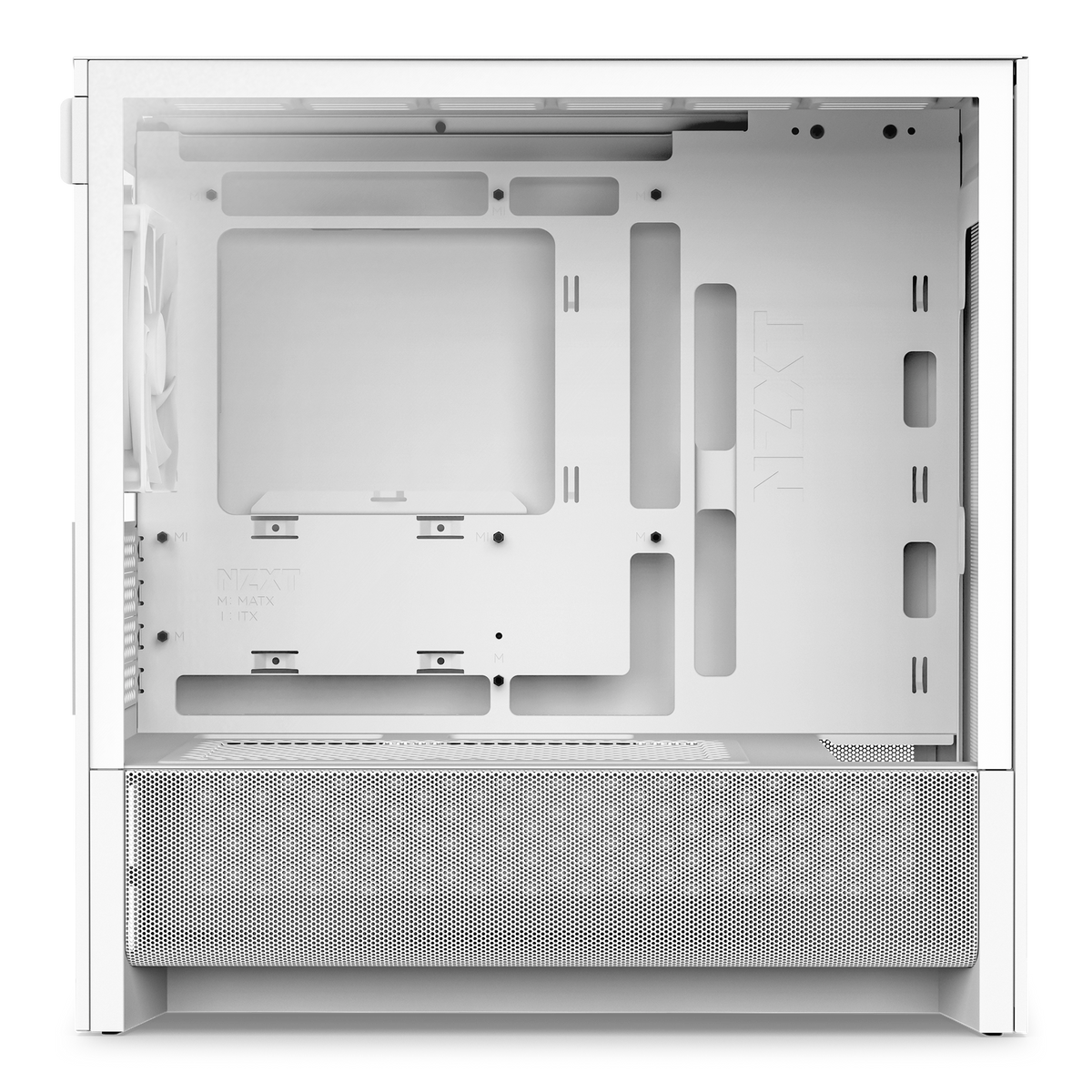 NZXT H3 Flow case in white, left side view through tempered glass