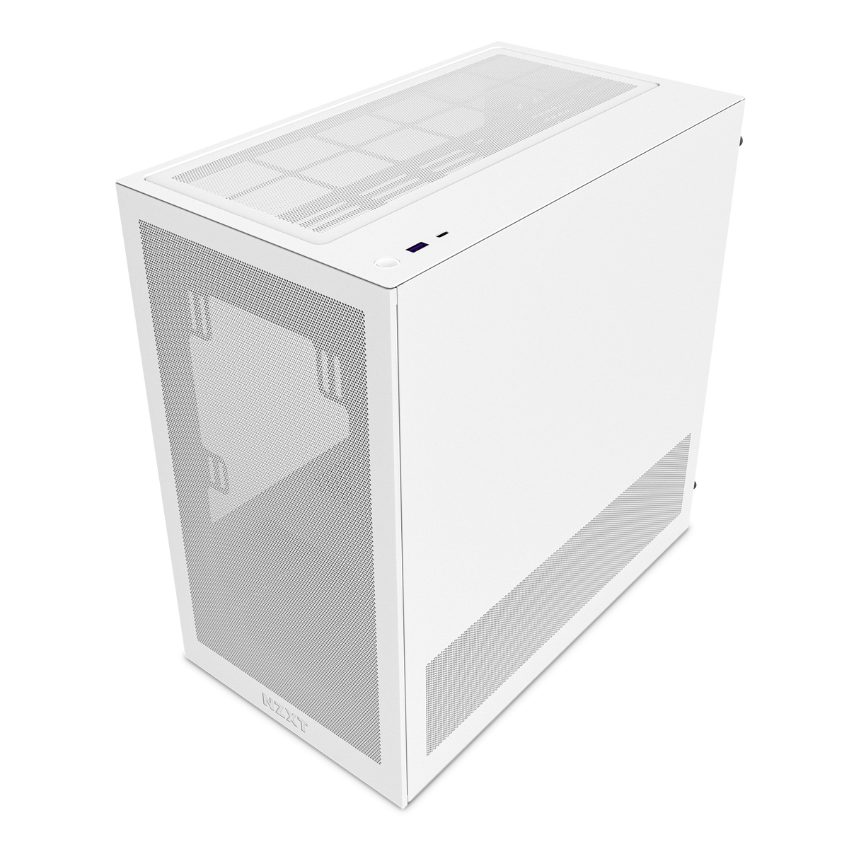 NZXT H3 Flow case in white, front I/O panel detail