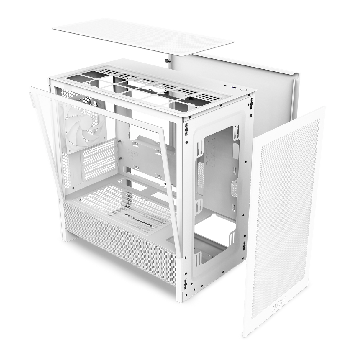 NZXT H3 Flow case in white, exploded view of panels