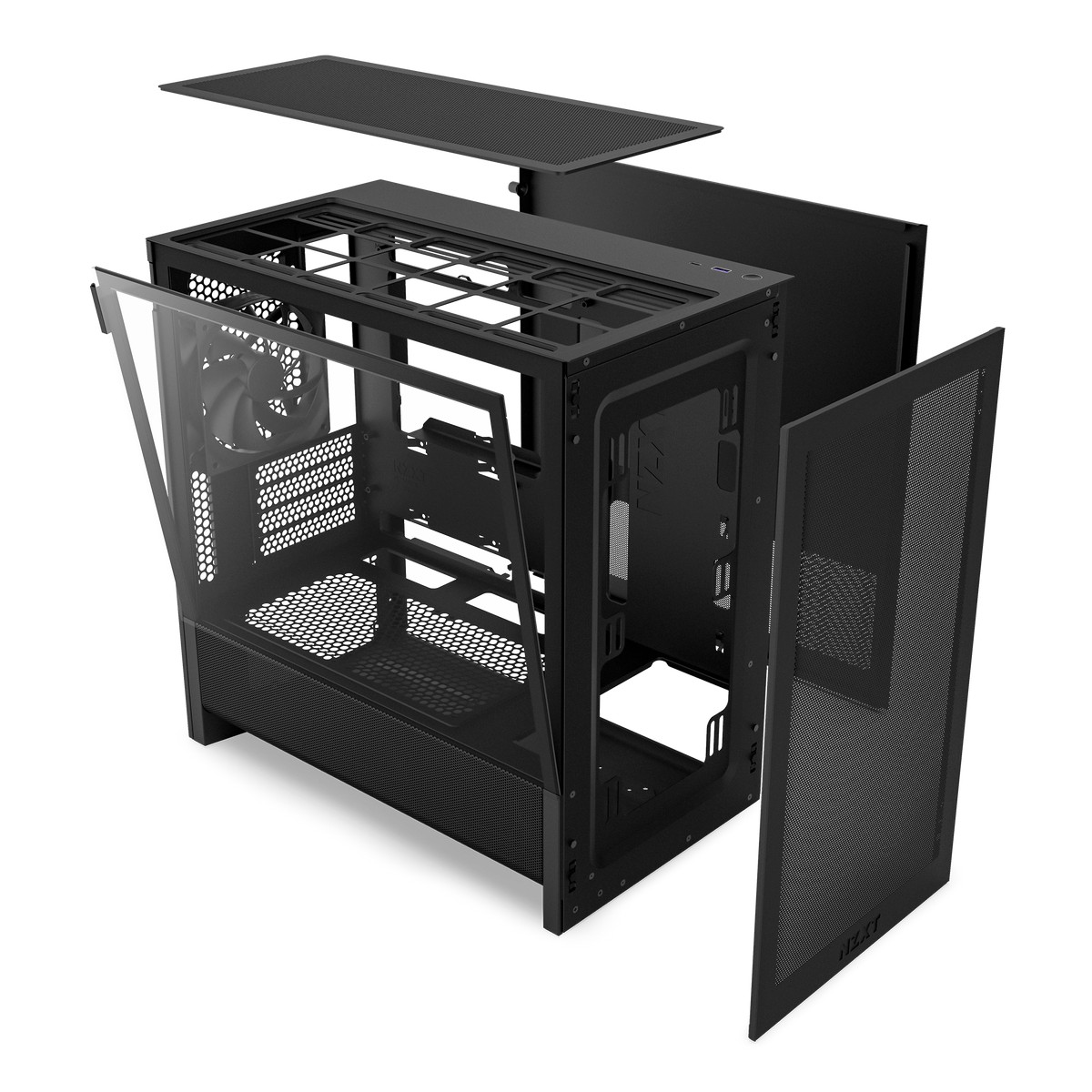 NZXT H3 Flow case in black, exploded view of panels