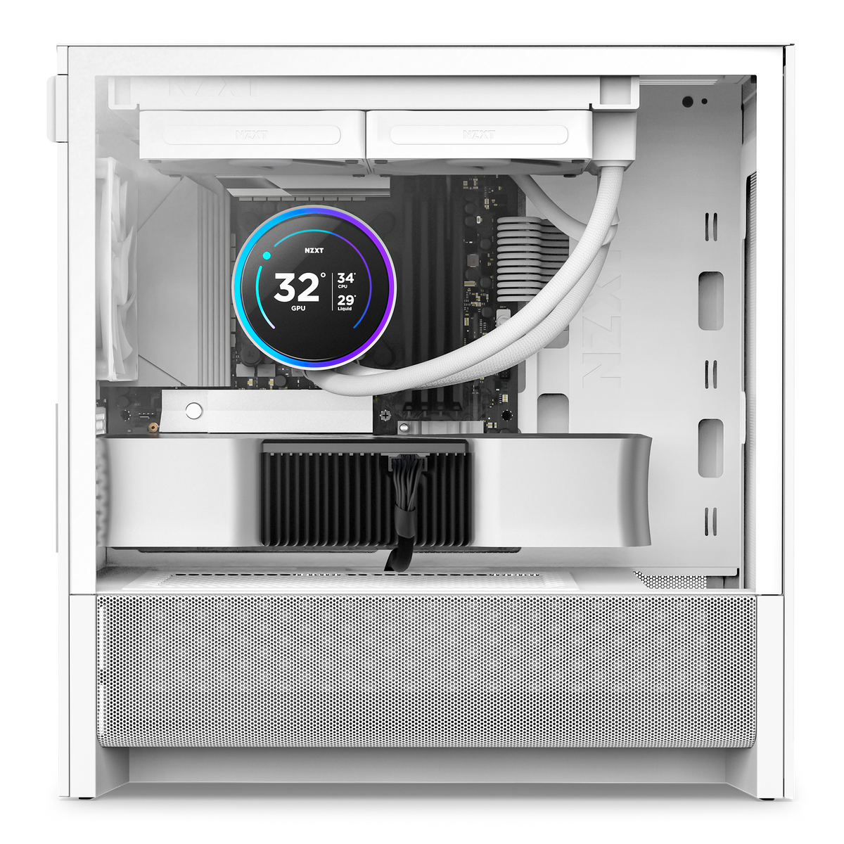 NZXT H3 Flow case in white with a completed PC build, side view