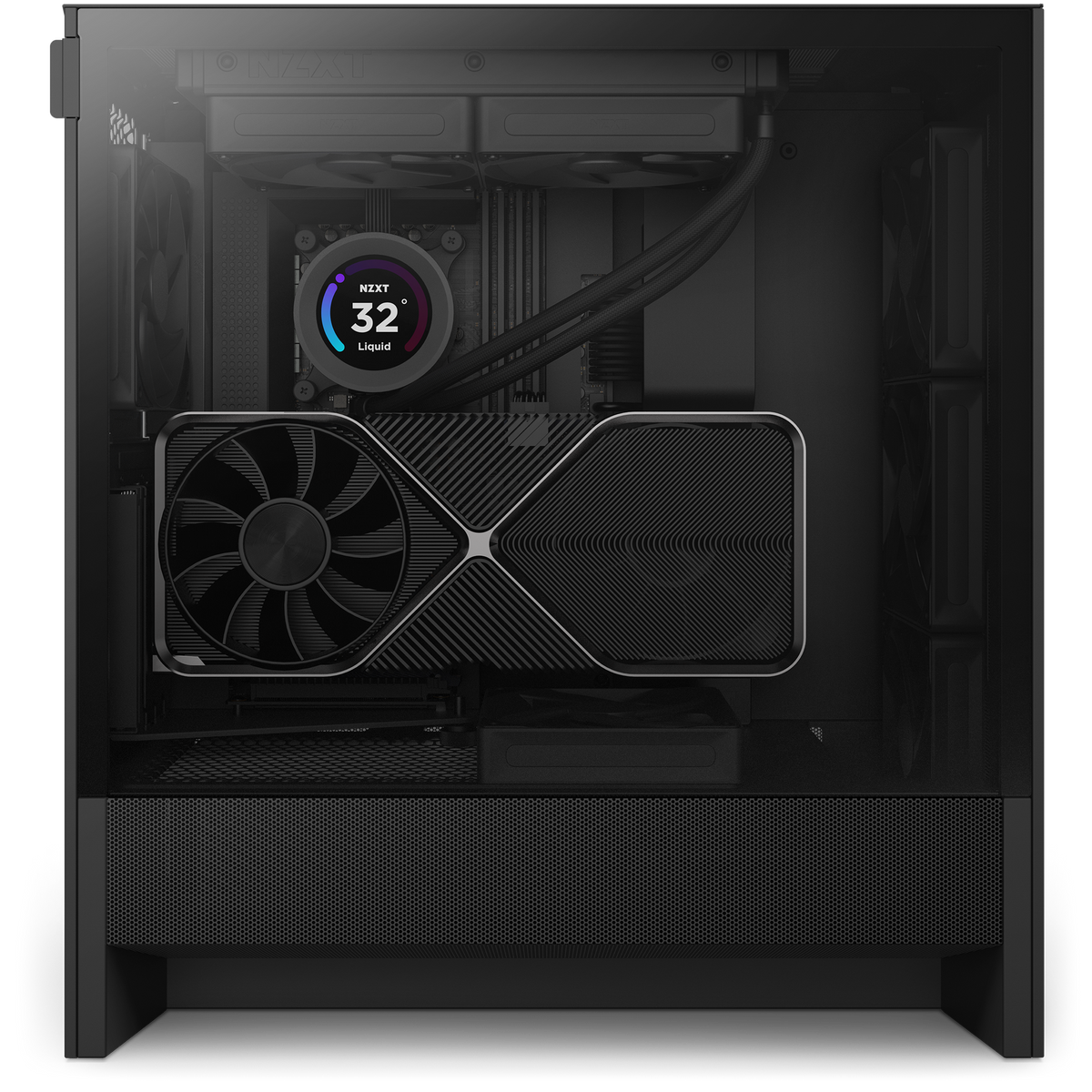 NZXT H5 Flow black shown from the side in a completed build behind tempered glass. Components other than the case are sold separately.