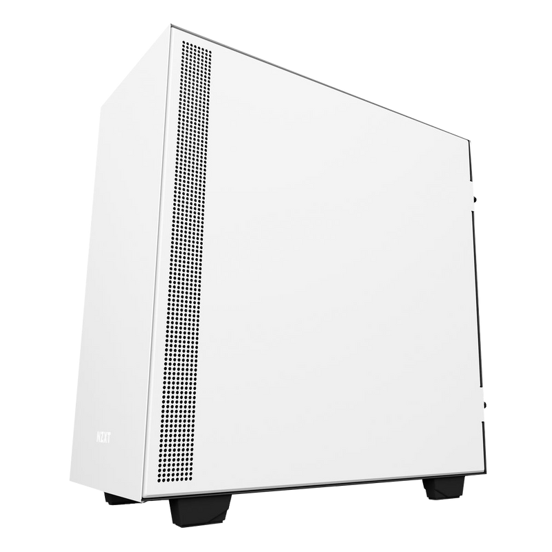 The NZXT H500 Right Side Panel (White) by NZXT features a minimalist design with a solid panel, vertical ventilation near the front edge, and sits on short black feet.