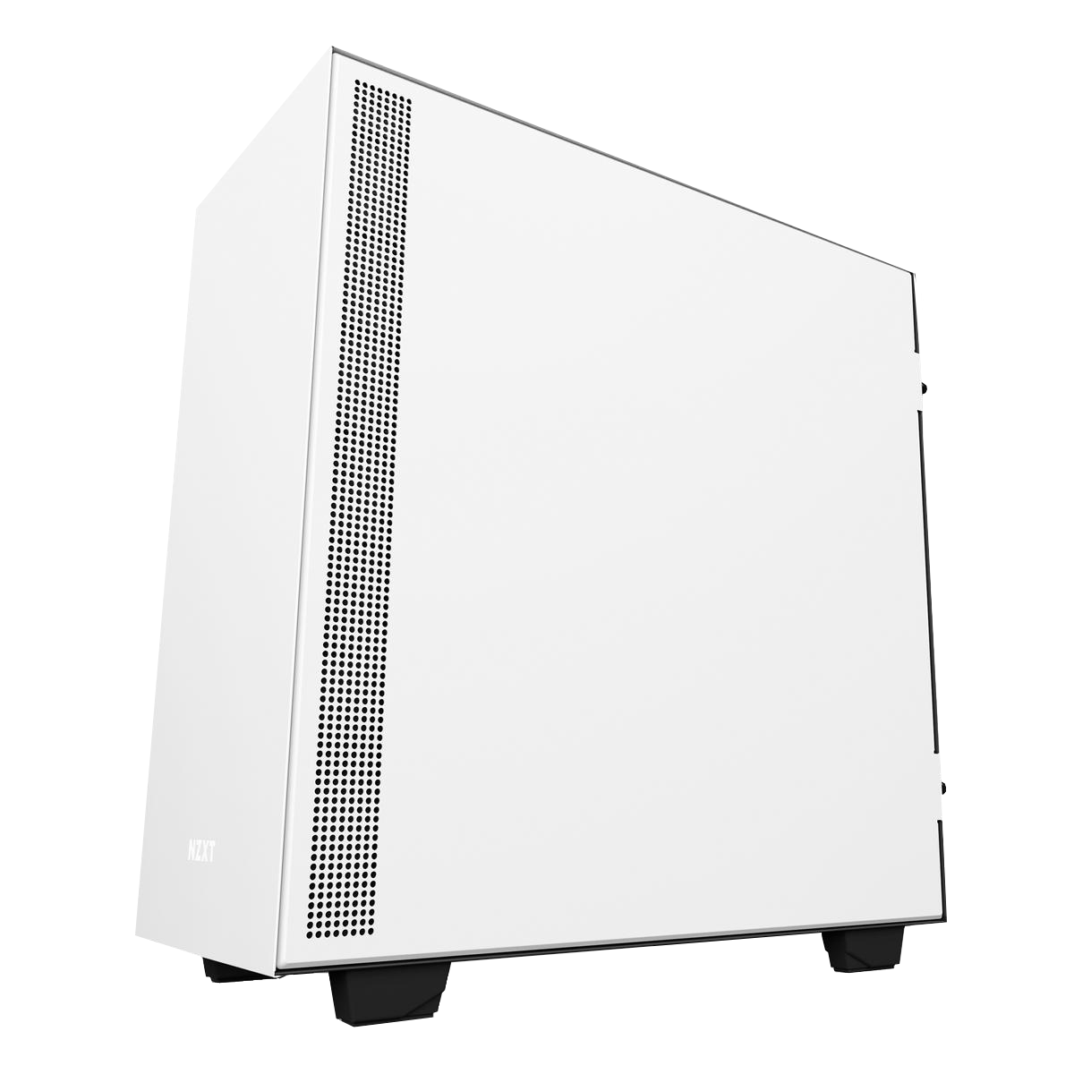 The NZXT H500 Right Side Panel (White) by NZXT features a minimalist design with a solid panel, vertical ventilation near the front edge, and sits on short black feet.