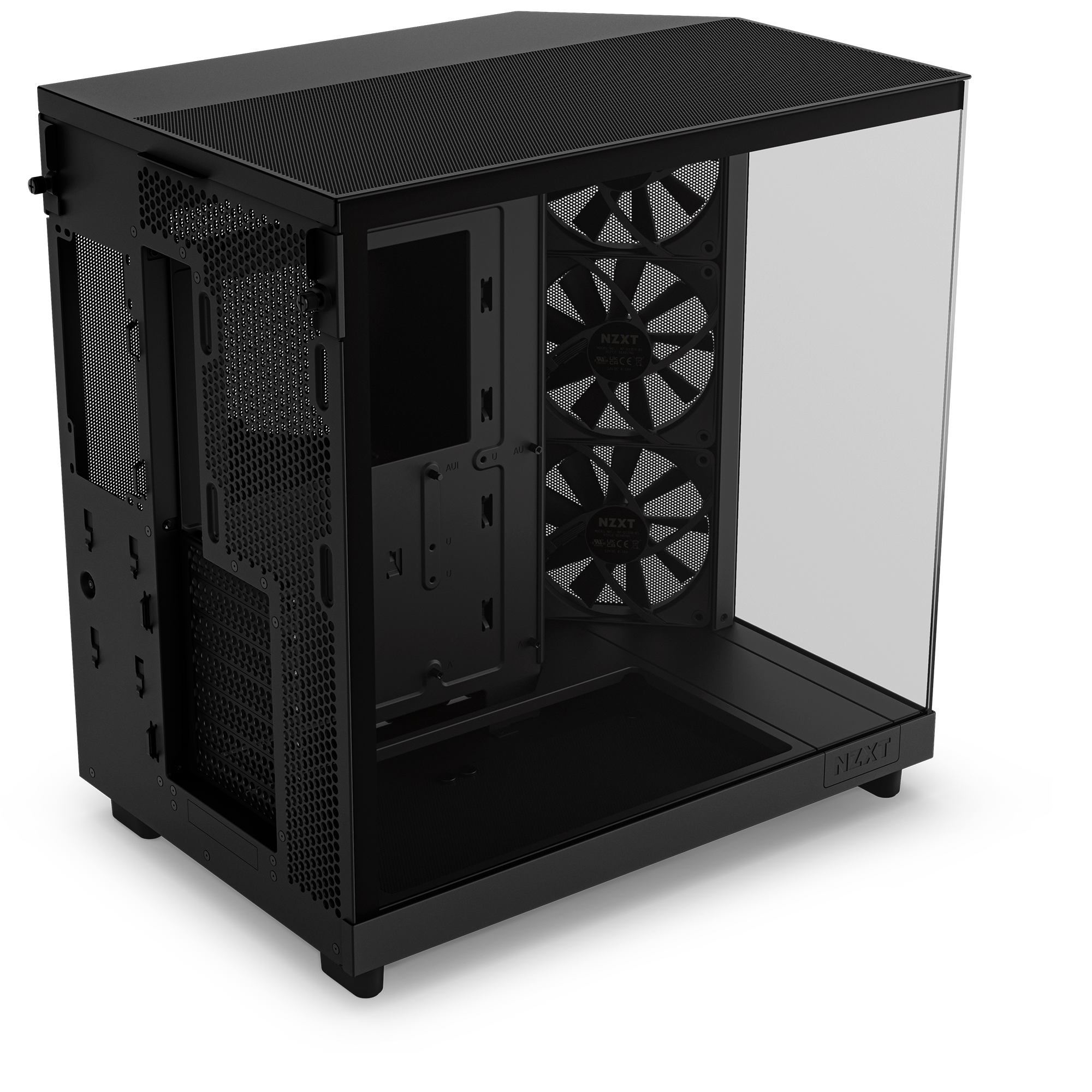 The Refurbished Custom Build - #8700 by NZXT is a black case with a tempered glass side, three front cooling fans, and clear component mounts—perfect for building standout prebuilt PCs.