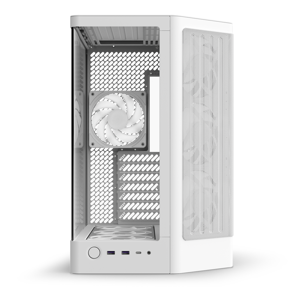 NZXT H6 RGB+ white, front view showing the curved glass corner and front I/O