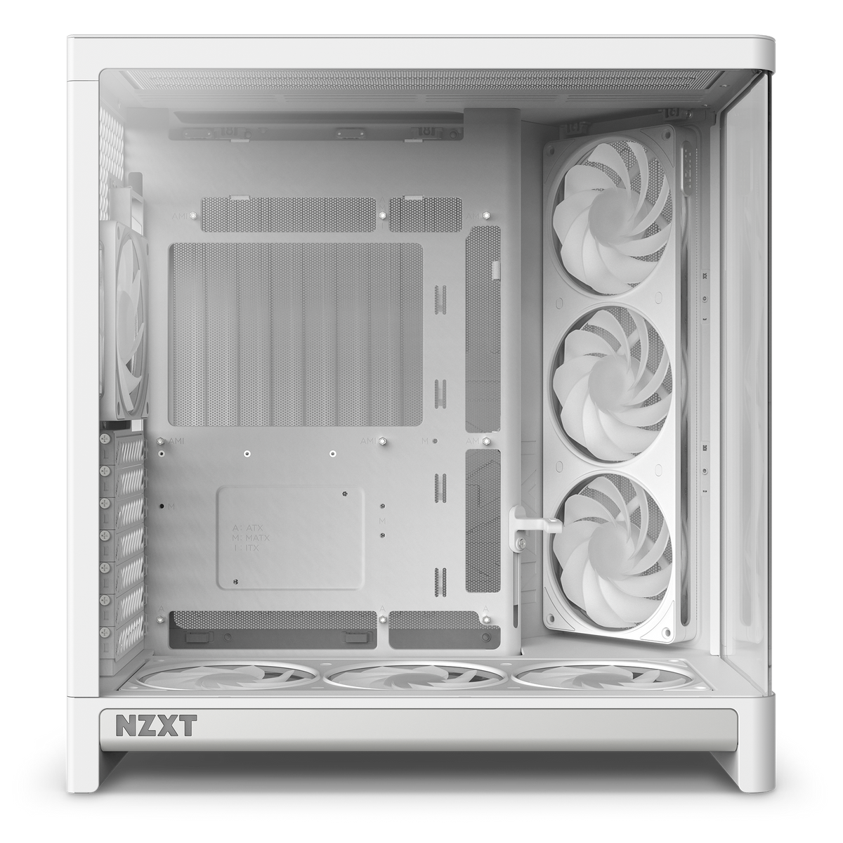 NZXT H6 RGB+ white, left side view through the glass into the main chamber