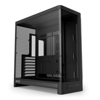 NZXT H6 black, hero angle of the dual-chamber chassis and wraparound glass
