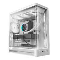 NZXT H6 white shown in a completed build behind the wraparound glass. Components other than the case are sold separately.