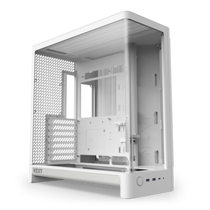 NZXT H6 white, hero angle of the dual-chamber chassis and wraparound glass