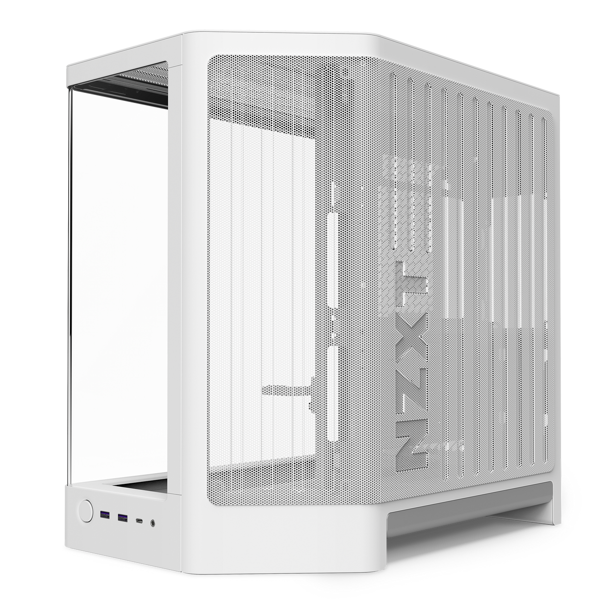 NZXT H6 white, three-quarter view of the right side and its mesh panel