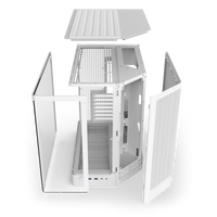NZXT H6 white, exploded view separating the panels from the steel chassis