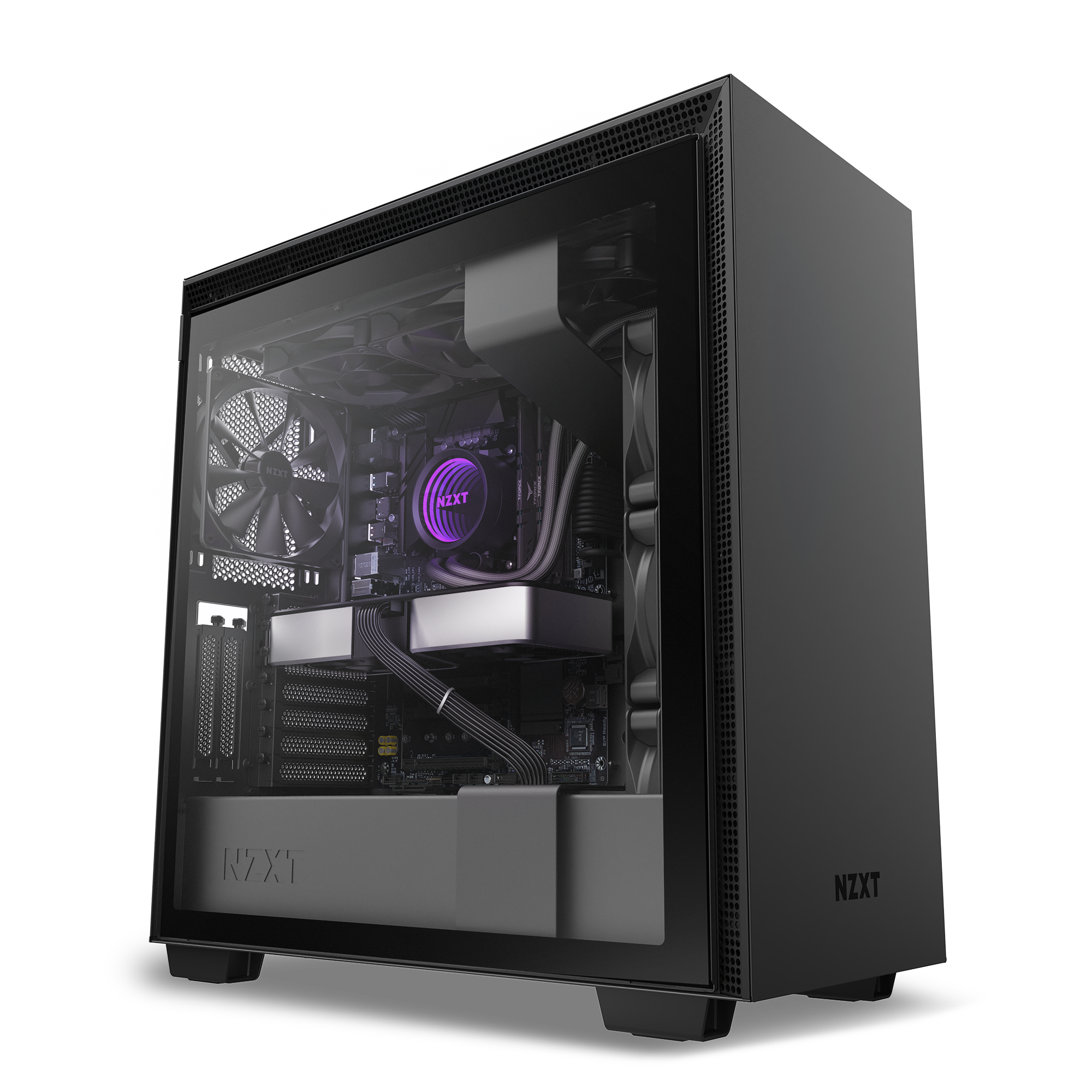 A black NZXT H710 Series case from NZXT features a left side tempered glass panel, revealing the interior with fans, cables, and a glowing purple CPU cooler against a vibrant purple and white backdrop.