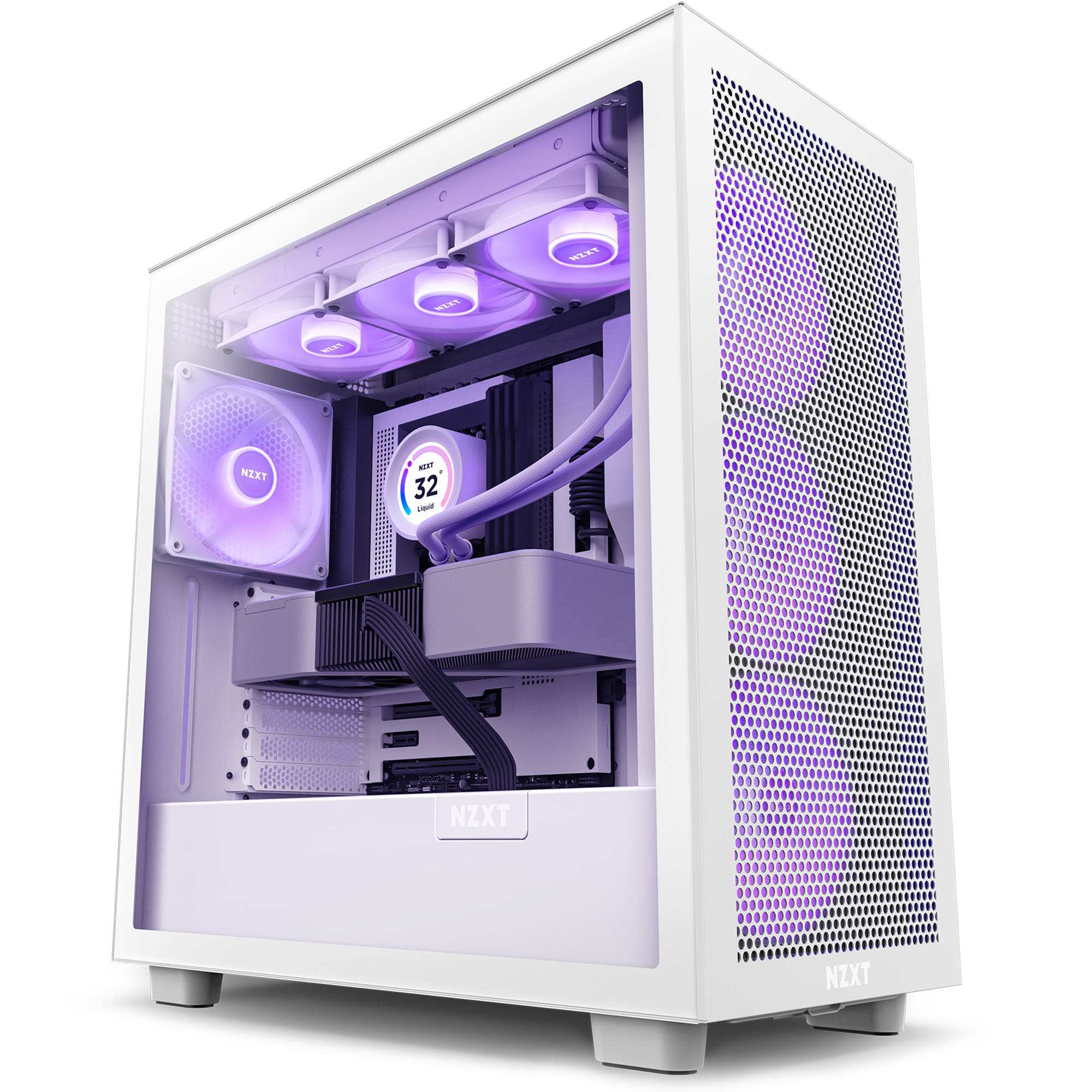 The NZXT H7 Flow RGB (2023) gaming PC case in white comes with a clear side panel, revealing RGB Core fans and liquid cooling with purple lighting for excellent cooling and a modern, stylish look.